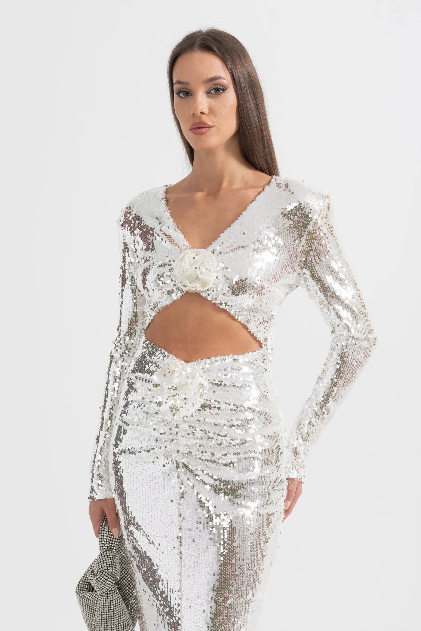 Sparkling Sequin Dress with Front Cut-Out - Silver