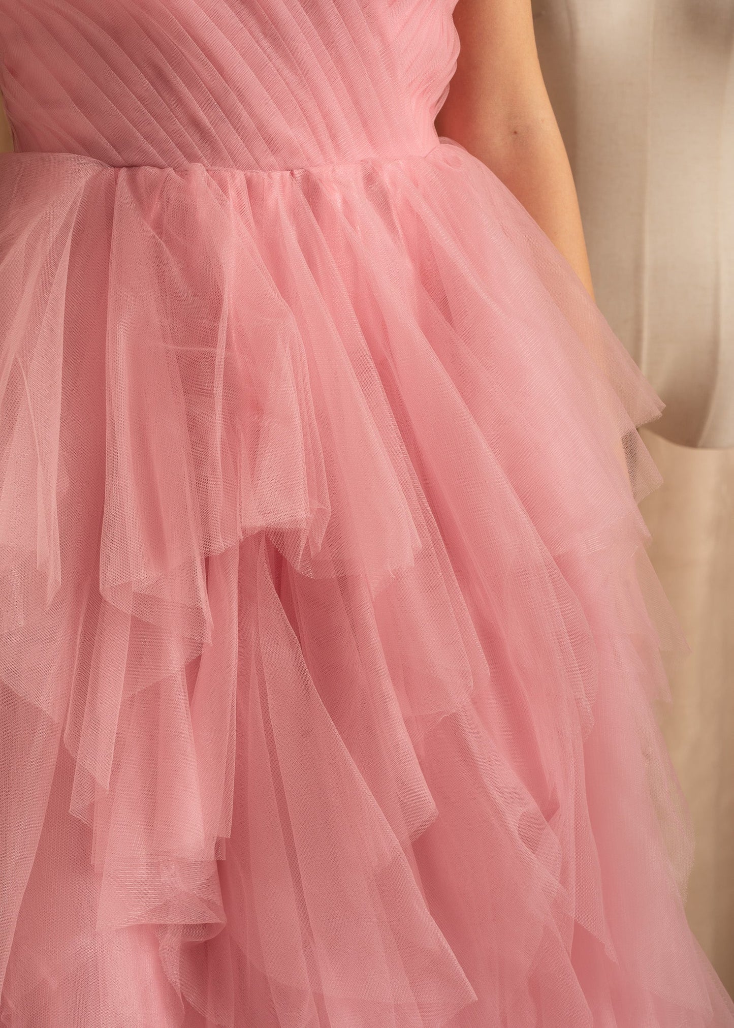 Elegant Tulle Gown With Flowing Full-Length Skirt - Peach