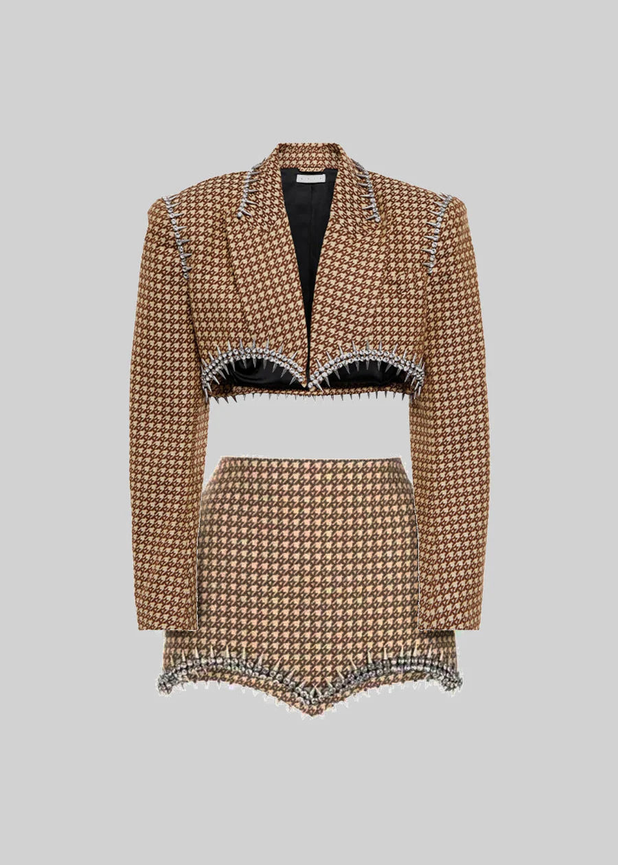 Elegant Houndstooth 2 Piece Set With Metal Spikes Detailing - Brown And Beige