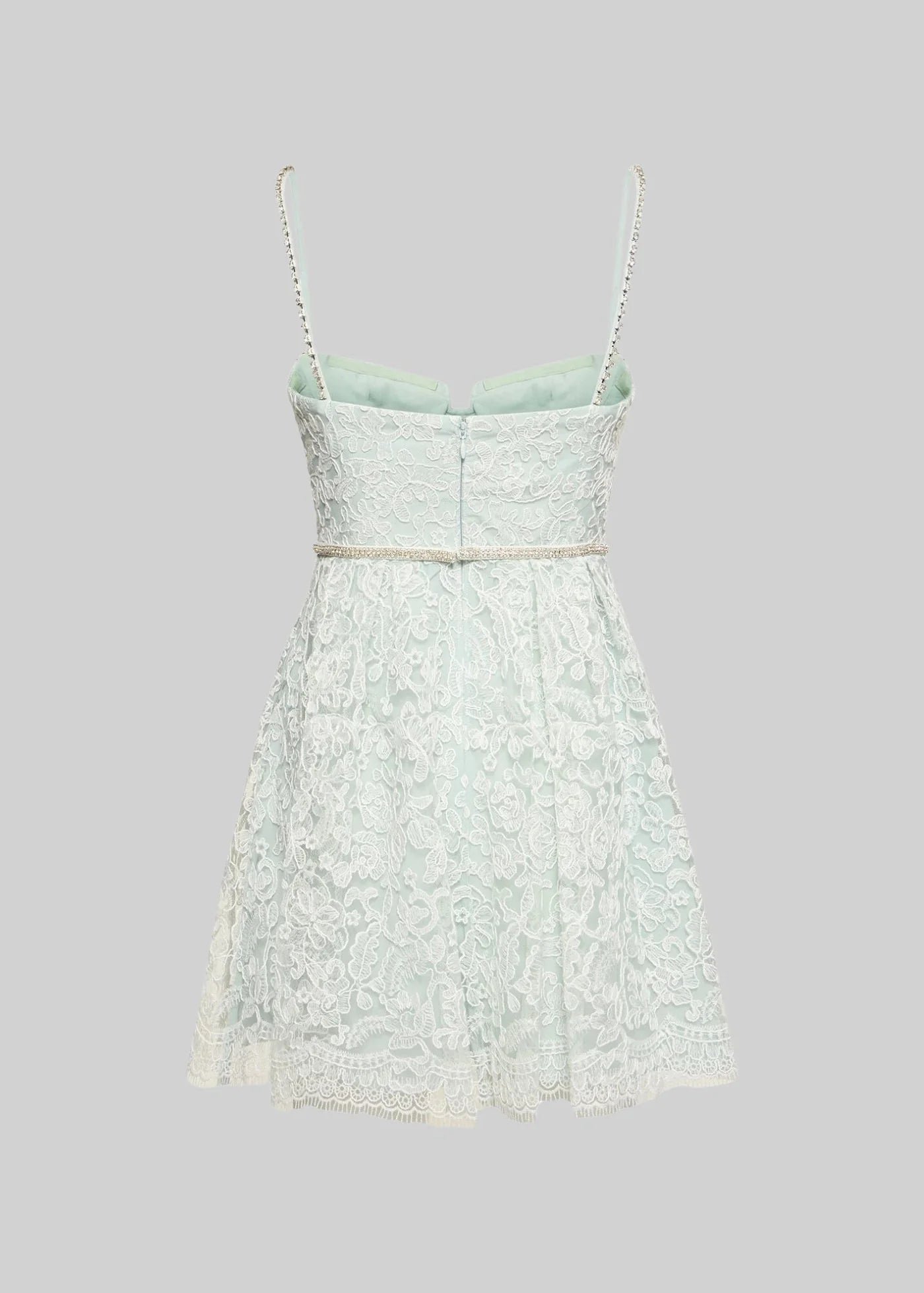 Lace Mini Dress With Floral Pattern Skirt And Sparkling Spaghetti Straps - Turquoise