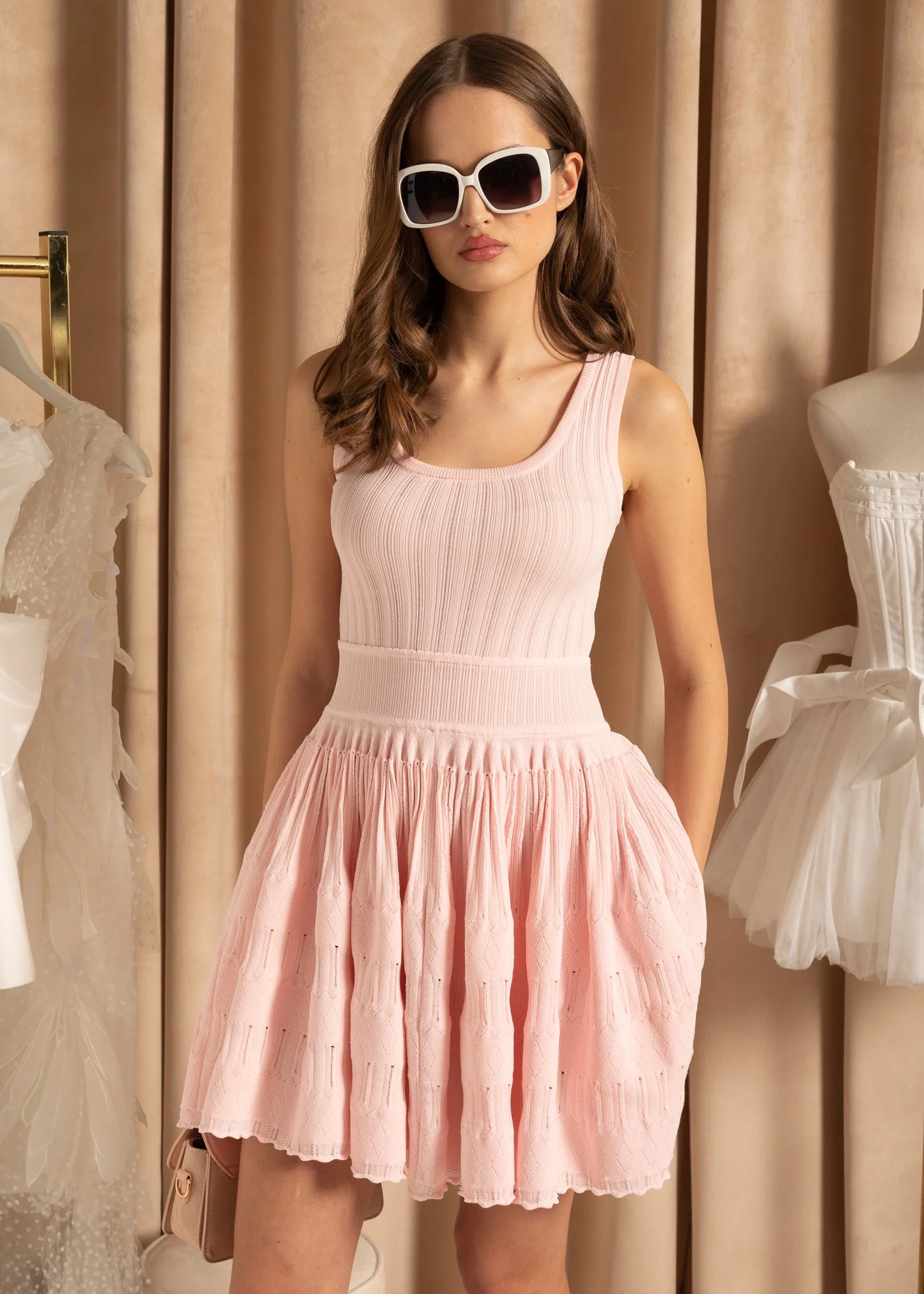 Fitted Dress With Ribbed Texture And Pleated Mini Skirt - Pink