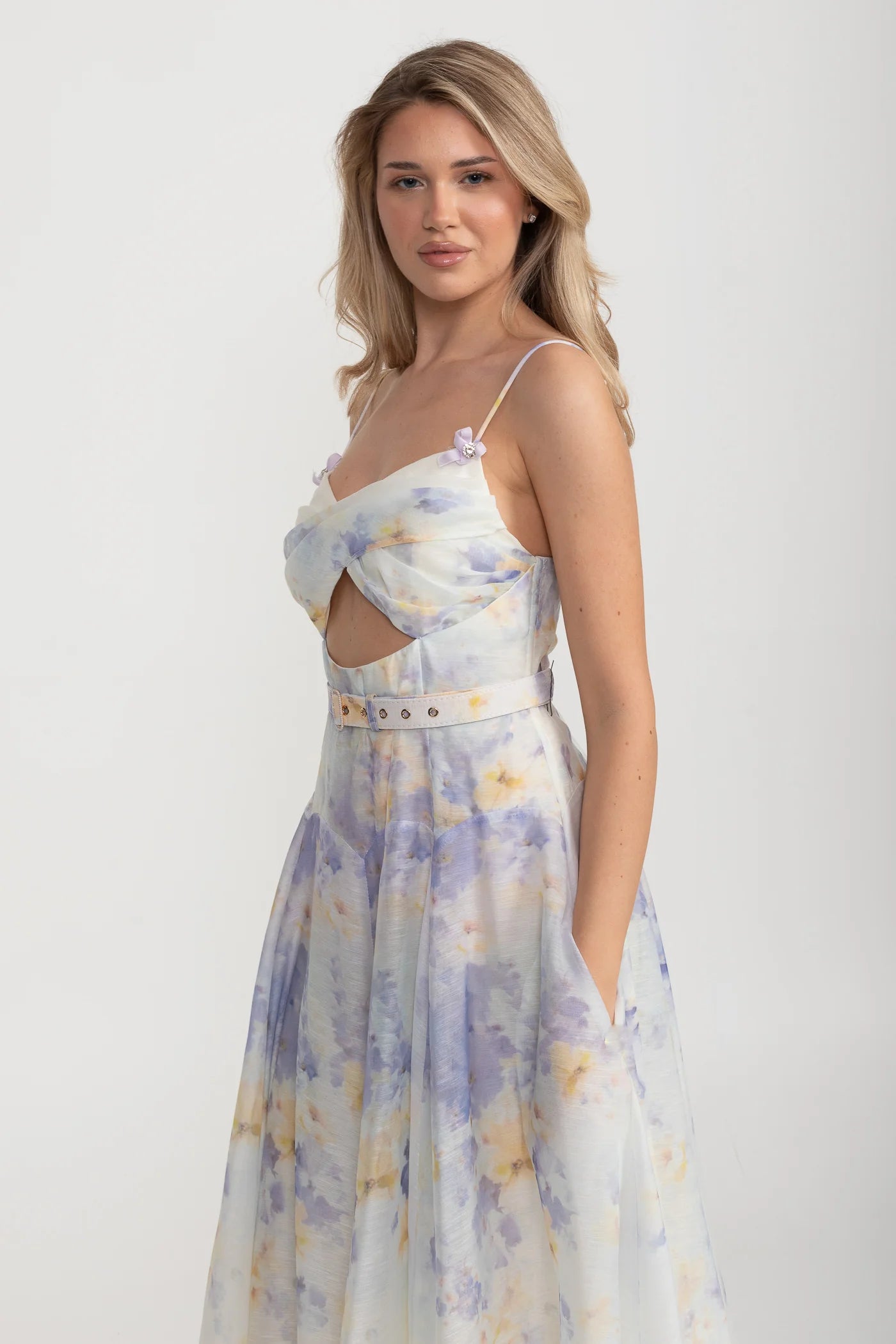 Watercolor Crisscross Cutout Midi Dress With Belt - Pastel