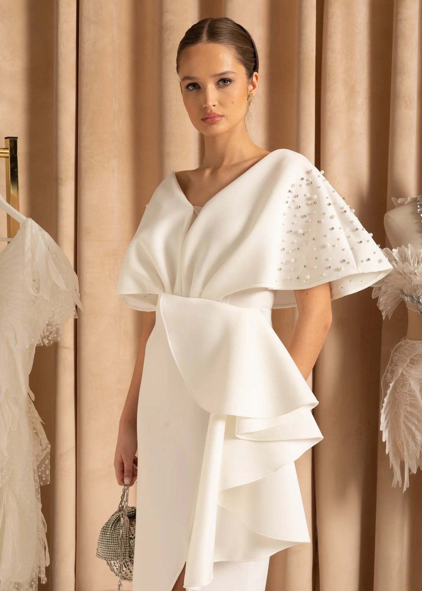Flowing Midi Dress With Waist Draping And Shoulder Pearls - White