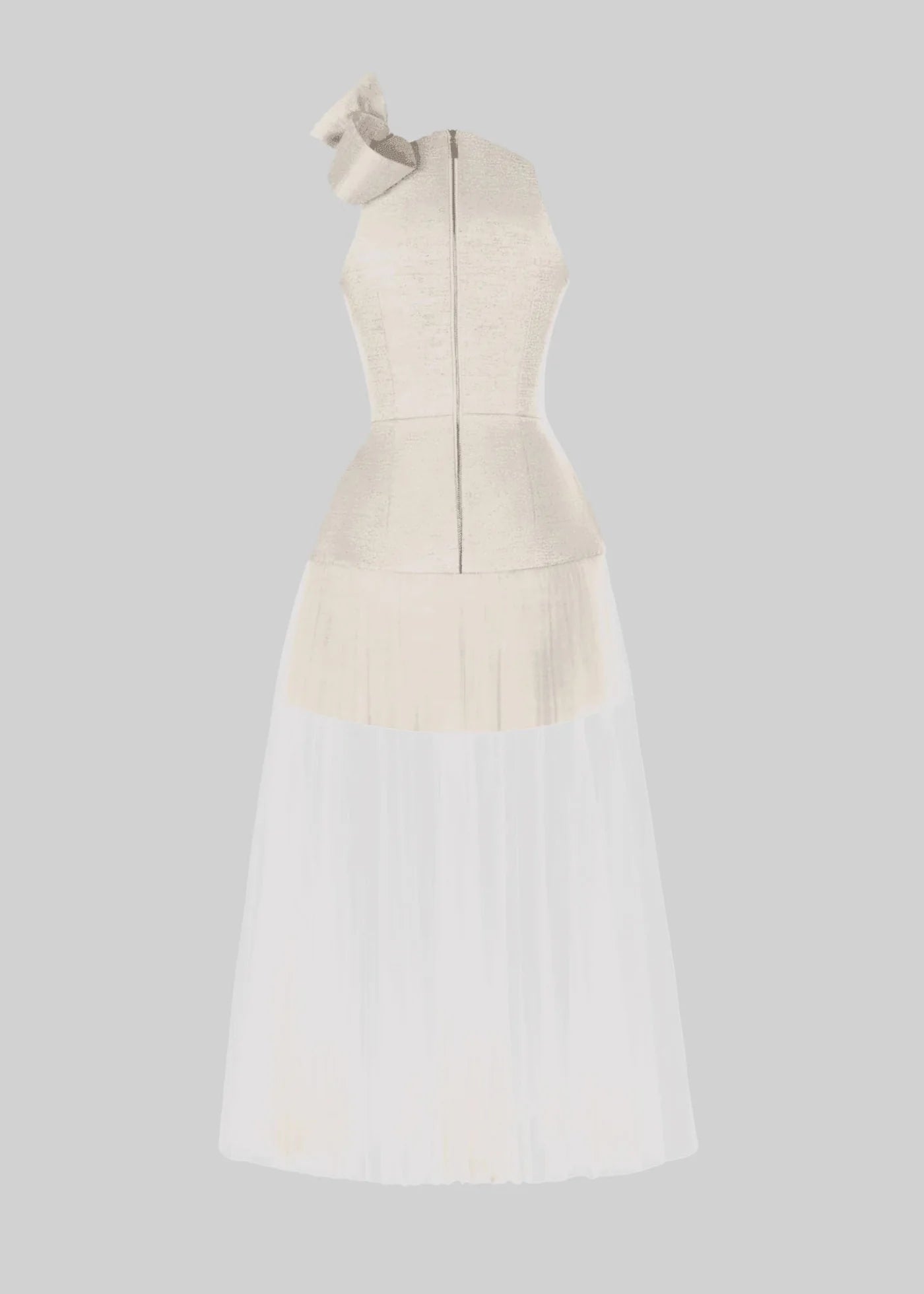 Fitted Dress With Tulle Skirt And Decorative Shoulder Bow- Ivoire