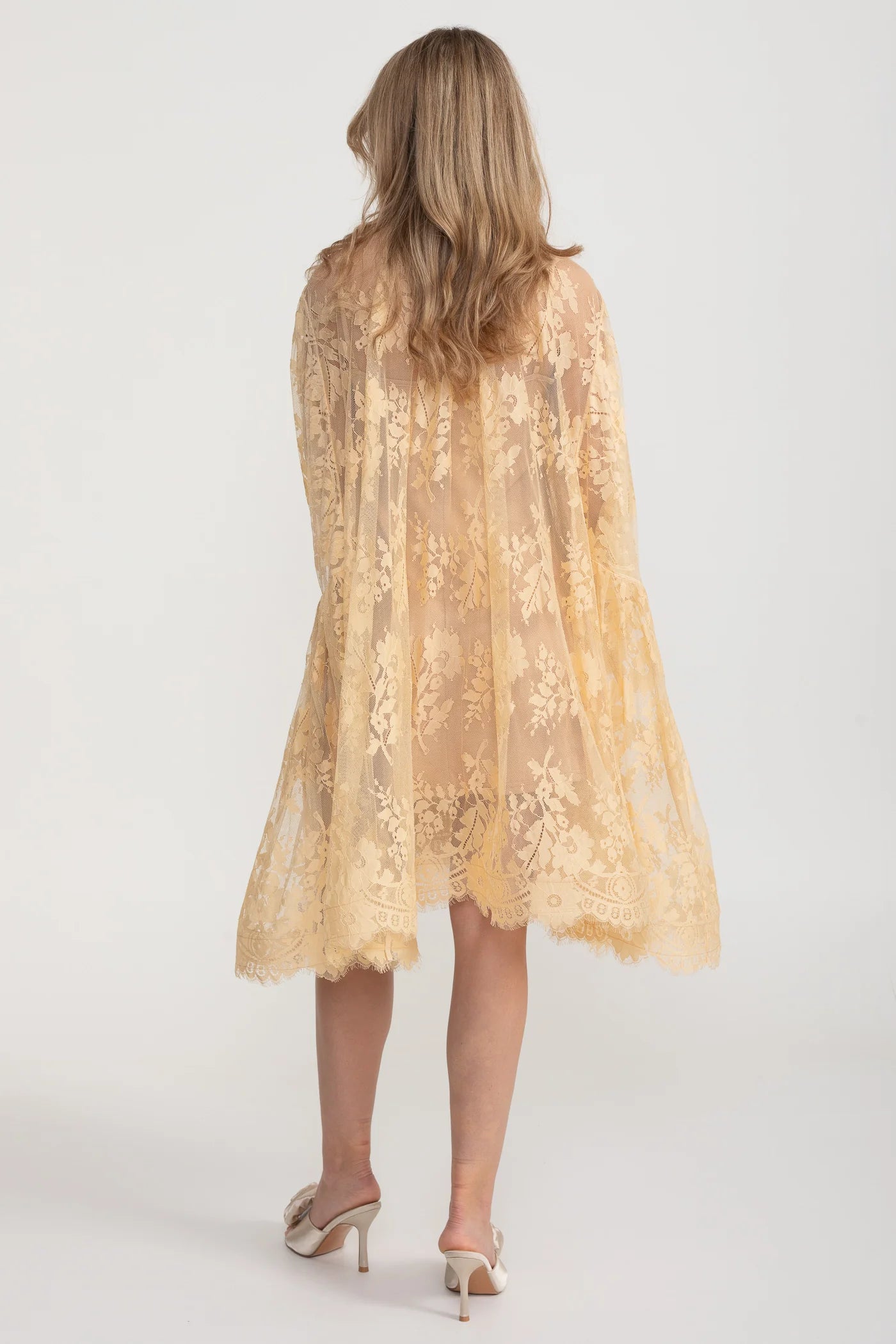 A-Line Lace Dress with Bow Tie Neck – Khaki