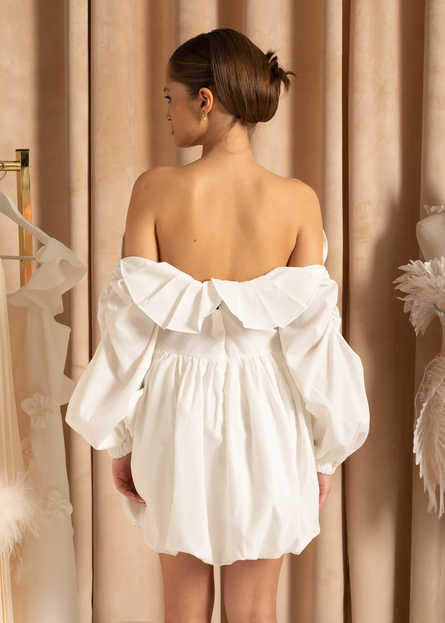 Mini Dress With Shell Shaped Bustier And Ruffled Sleeves - White