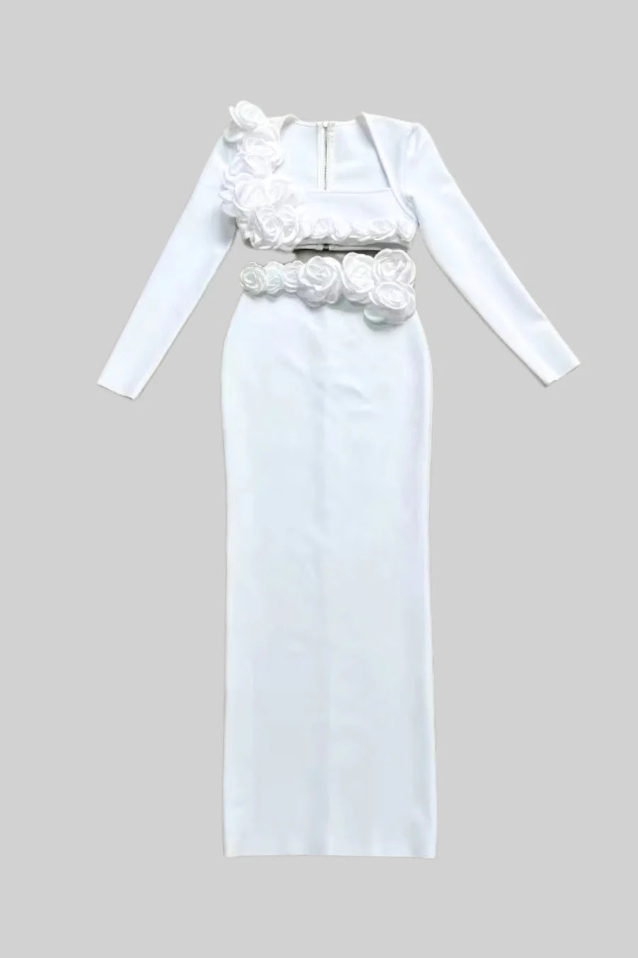 Two Piece Set With 3D Flower Embellished Top and Coordinated Maxi Skirt - White