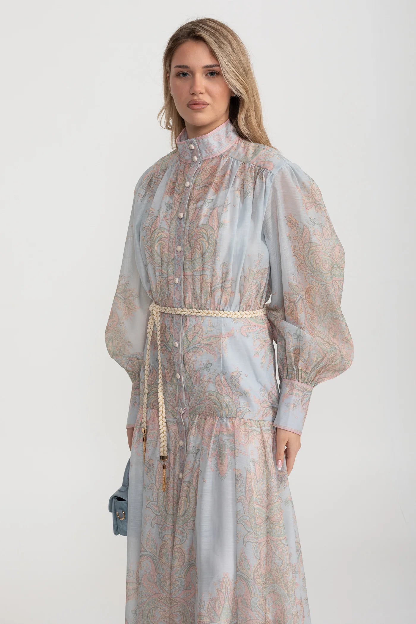 Paisley Print Button-Down Maxi Dress with Rope Belt – Soft Blue