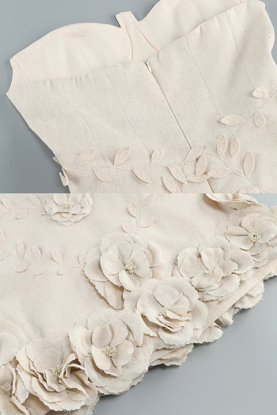 Mini Bustier Dress With 3D Floral Details - Ivoire