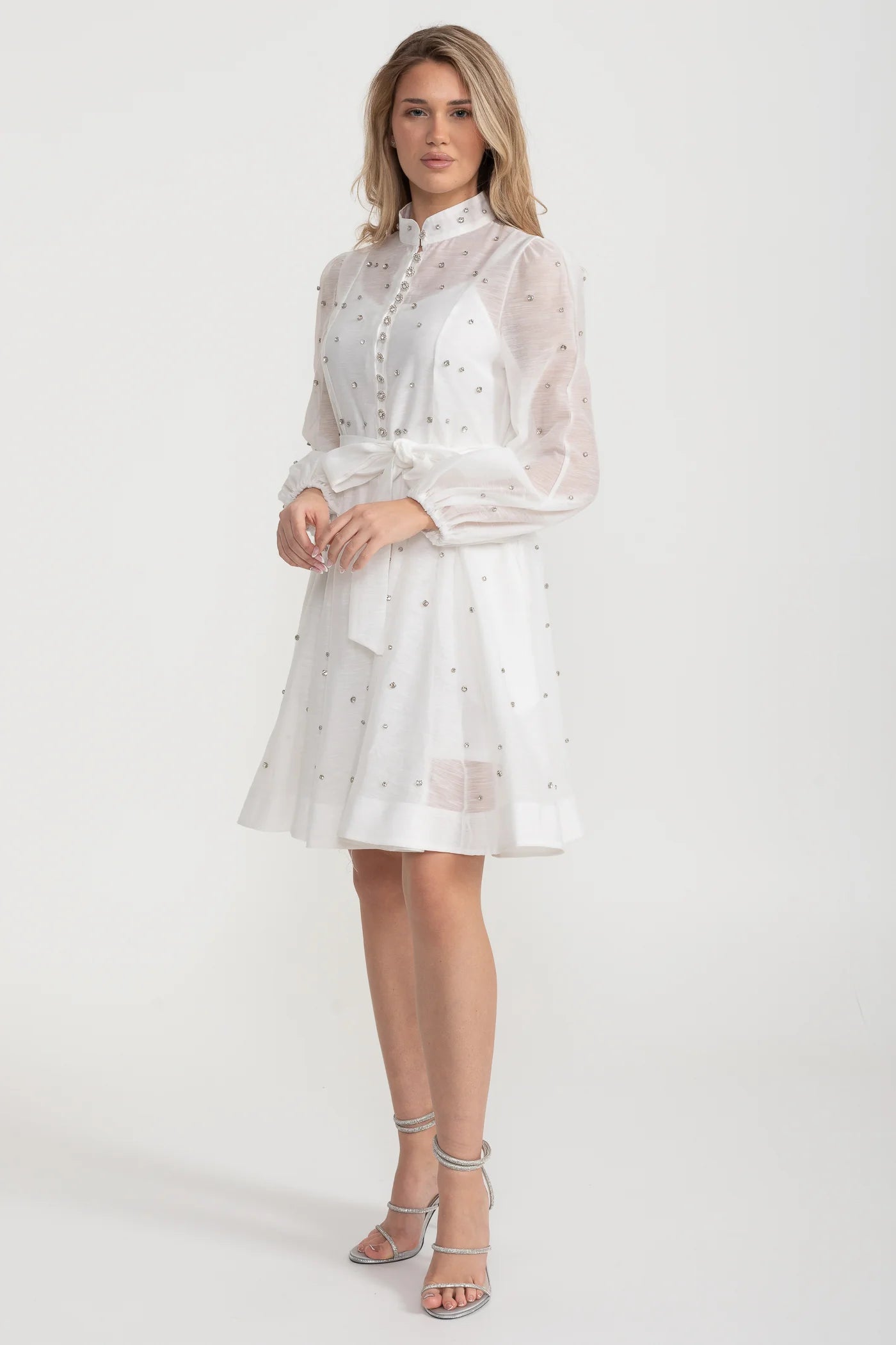 Long Sleeve Mini Dress with Crystal Embellishments - White