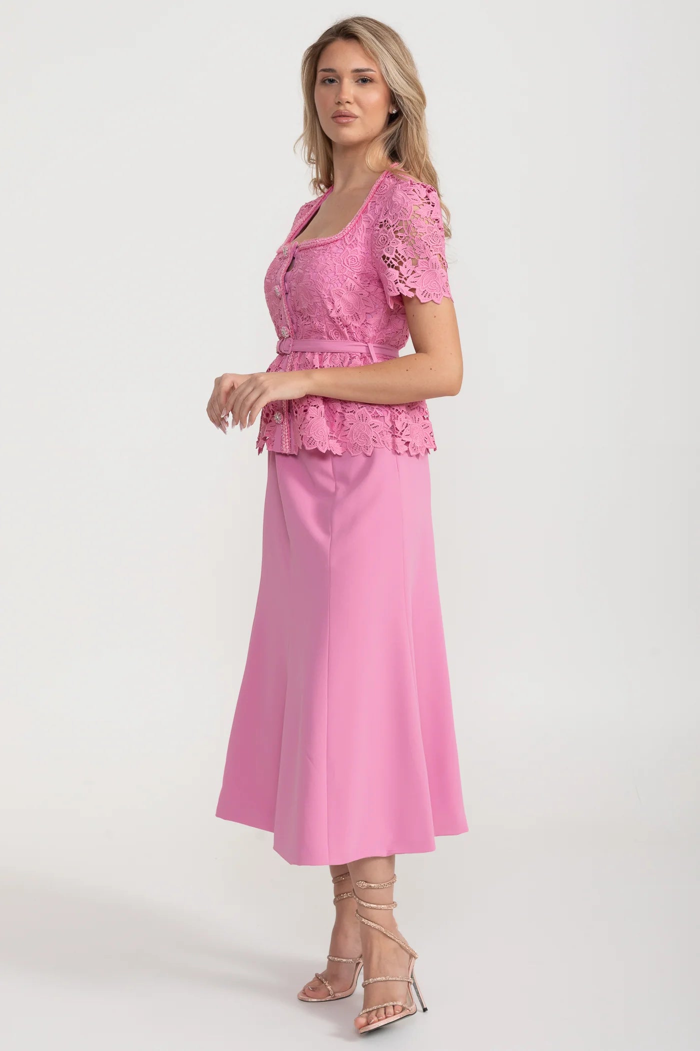 Lace Bodice Set With Peplum Detail And Midi Skirt - Pink