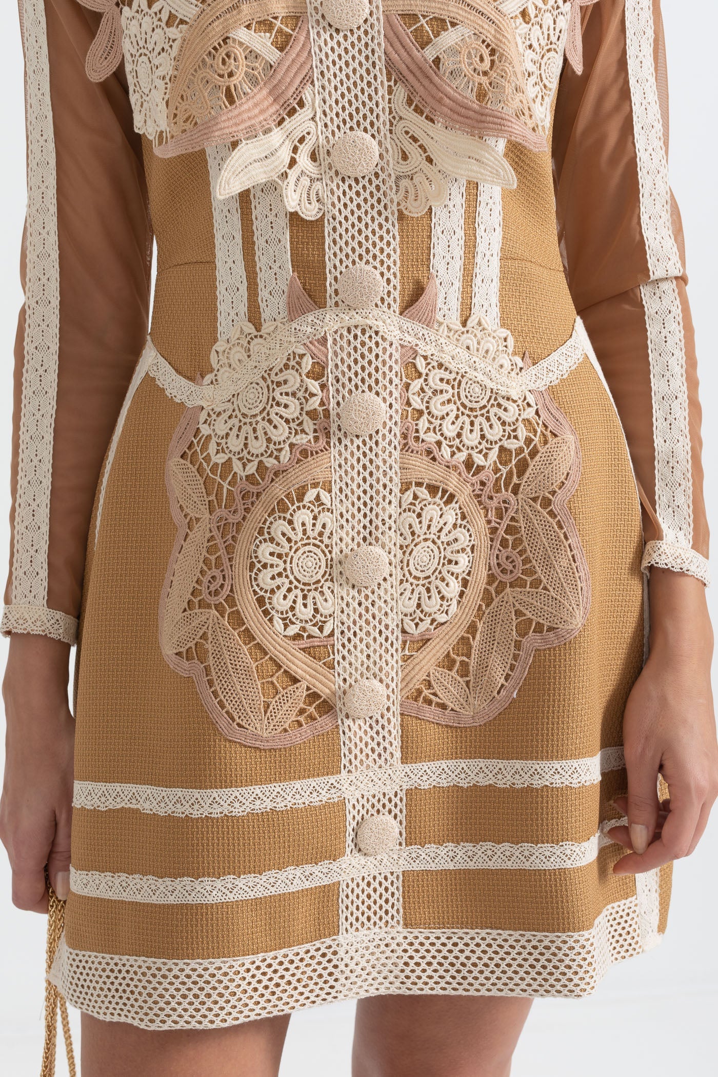 Layered Lace Mini Dress With Fitted Silhouette - Brown/Beige