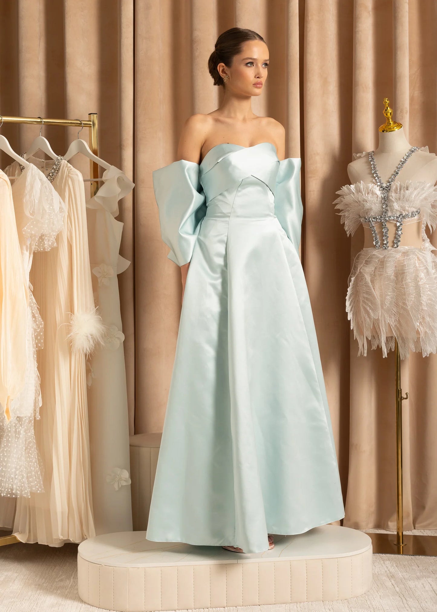 Elegant Satin Strapless Dress With Oversized Back Bow - Baby Blue