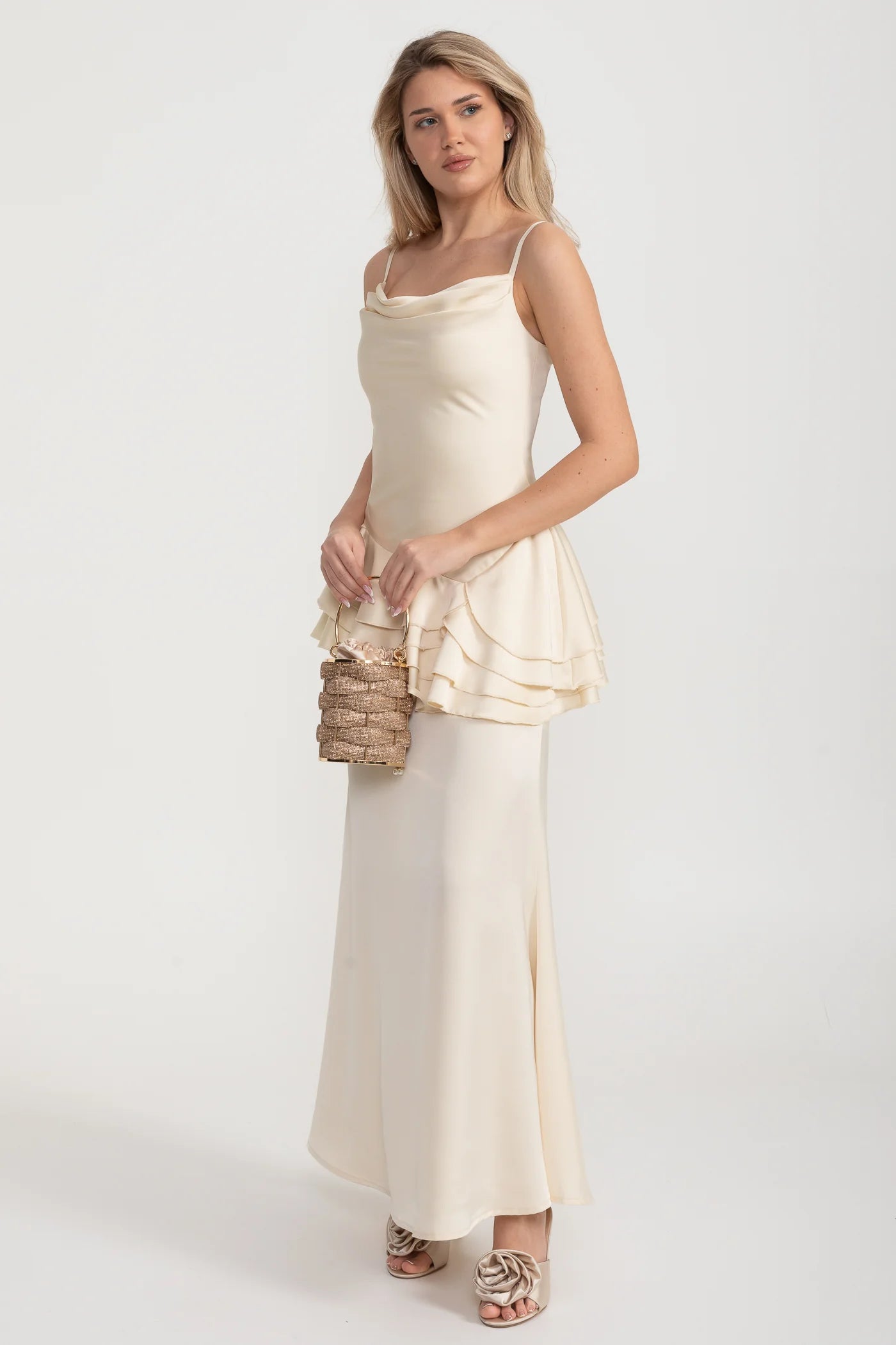 Spaghetti Strap Satin Maxi Dress with Asymmetric Ruffles - Ivoire