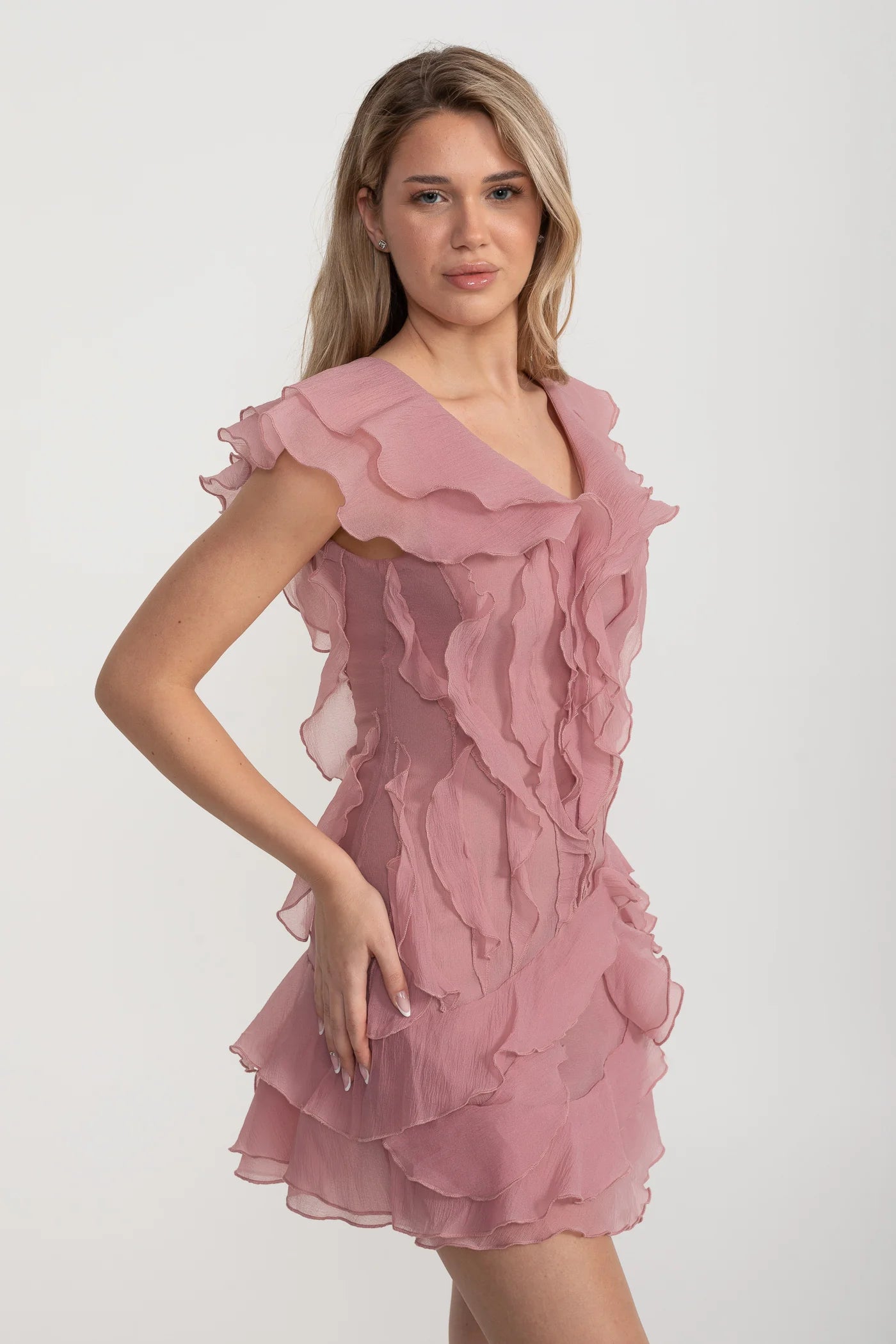 Mini Dress with Layered Ruffles and V-Neckline - Pink