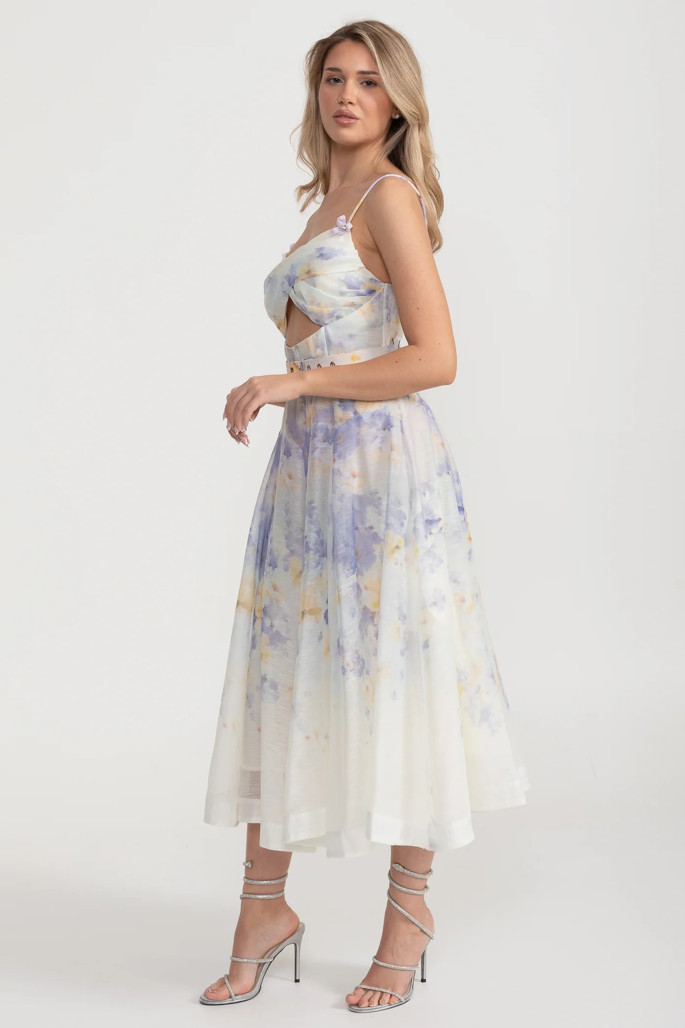 Watercolor Crisscross Cutout Midi Dress With Belt - Pastel