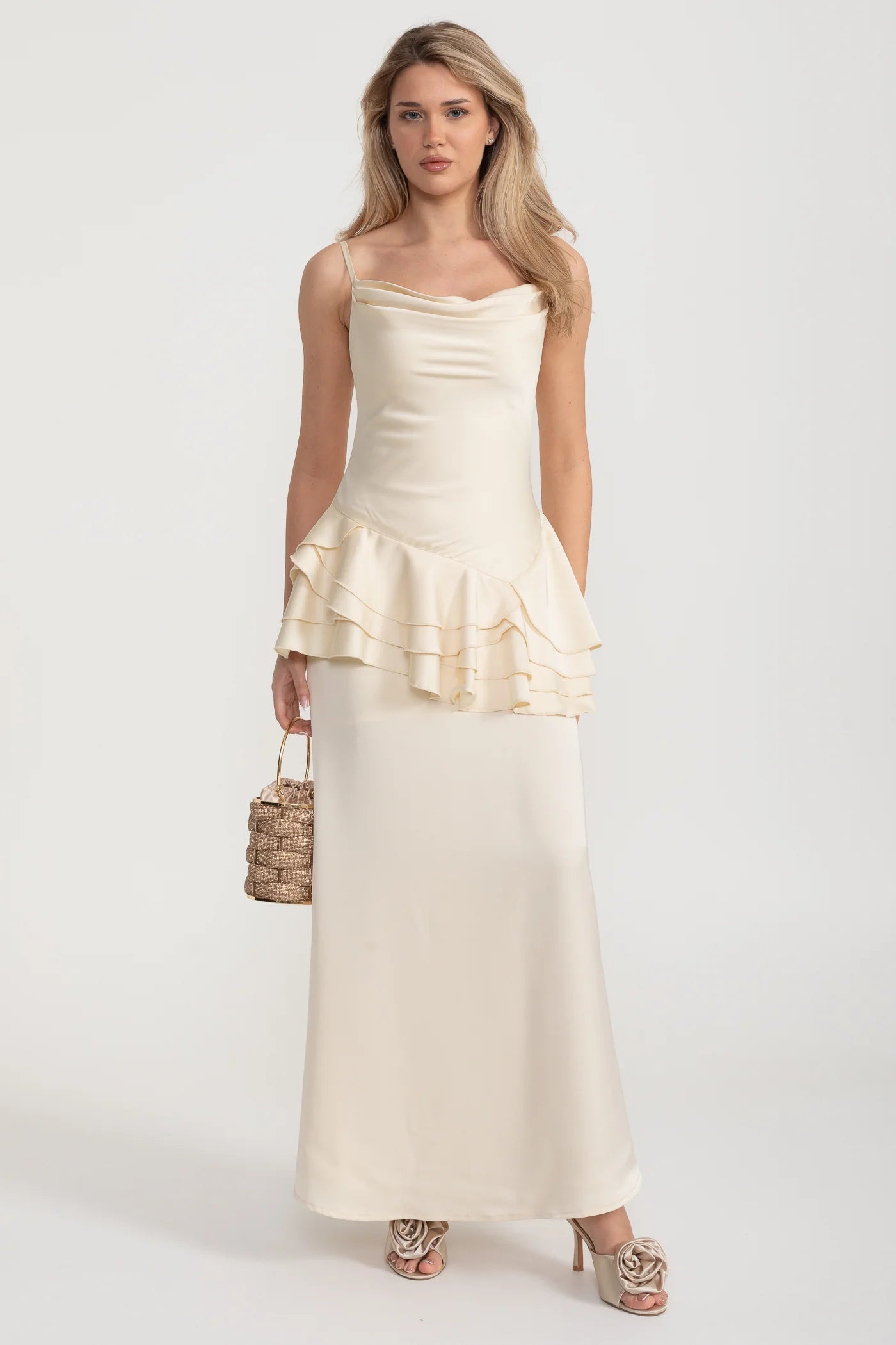 Spaghetti Strap Satin Maxi Dress with Asymmetric Ruffles - Ivoire