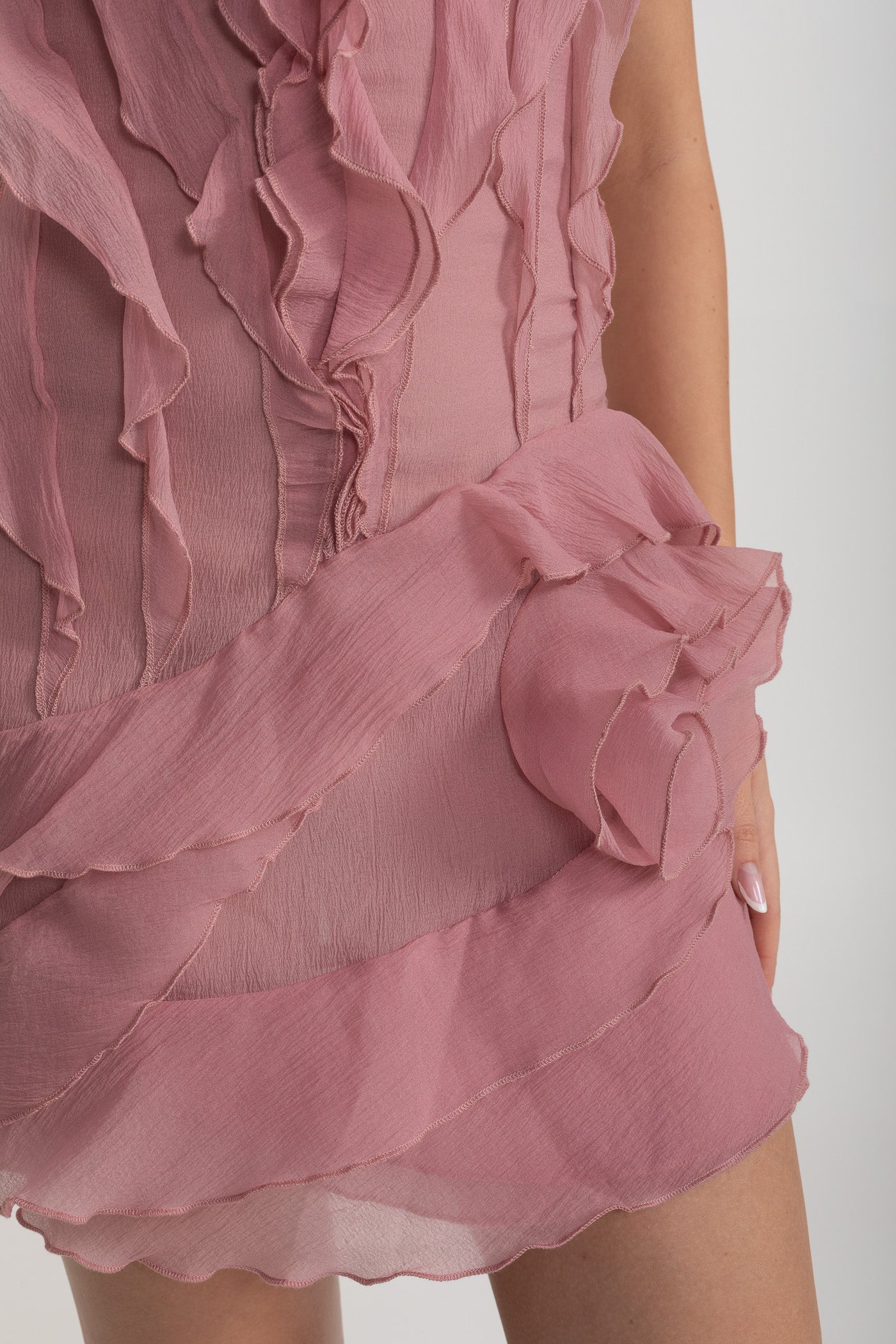 Mini Dress with Layered Ruffles and V-Neckline - Pink
