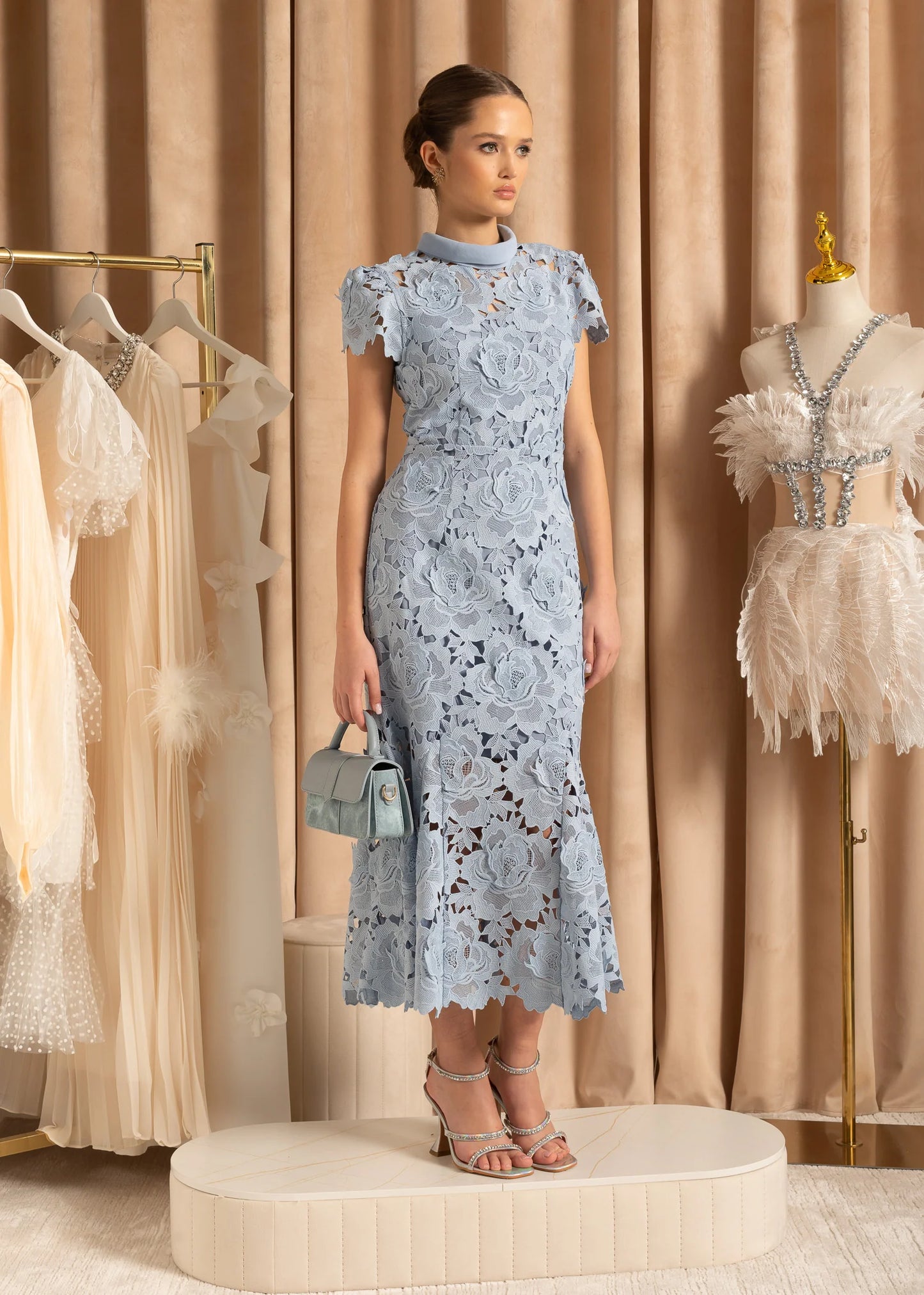 High Collar Lace Midi Dress With Floral Pattern - Blue