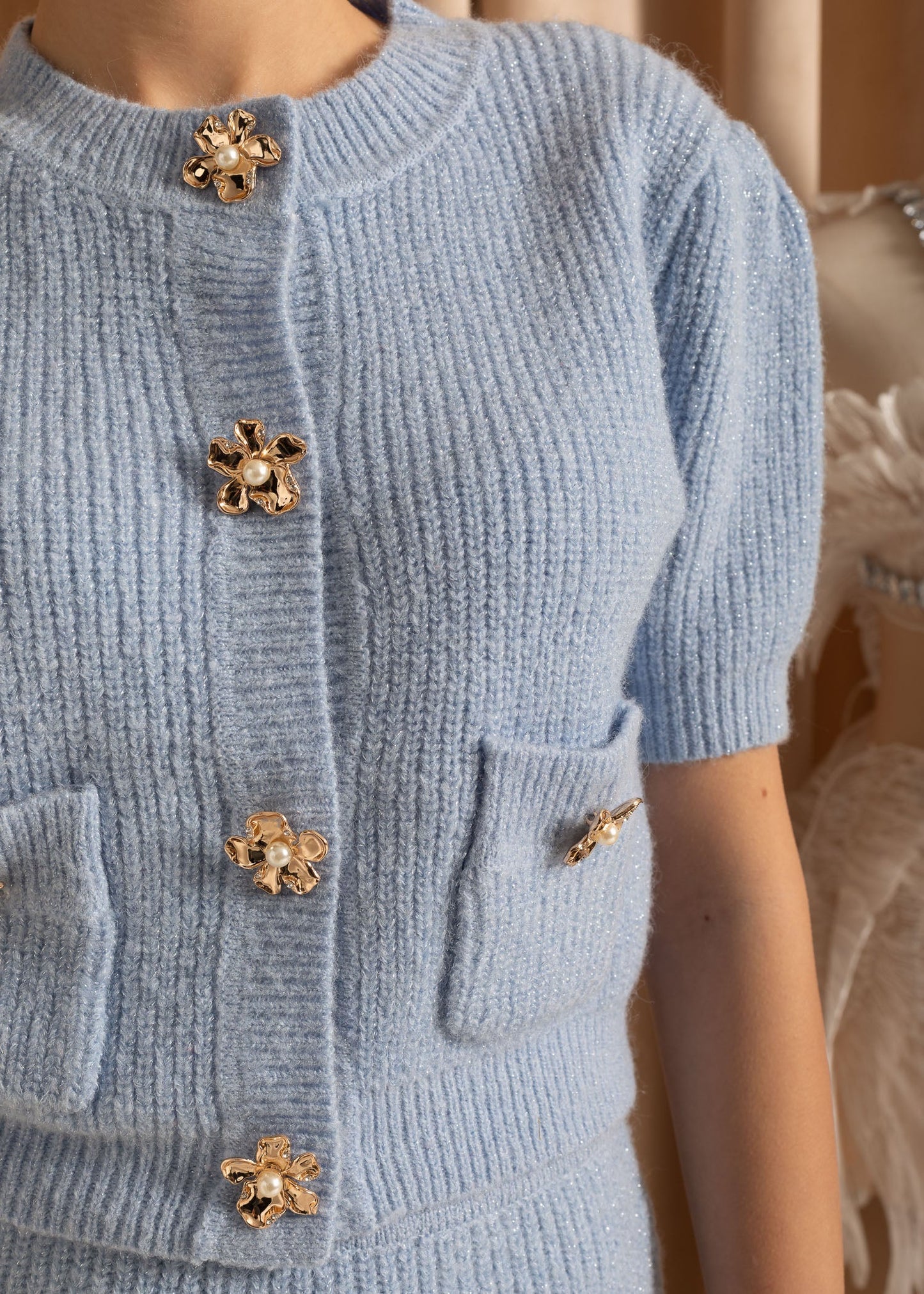 Elegant Knit Ensemble With Decorative Gold Flower Buttons - Blue