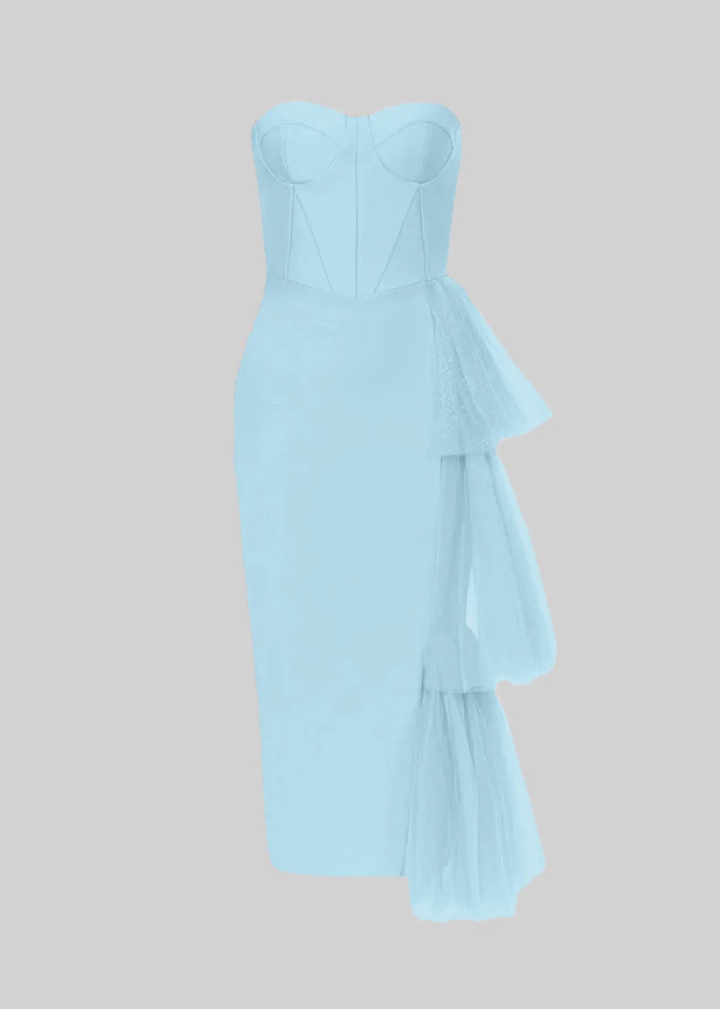 Fitted Midi Dress With Flowing Tulle Side Accents - Blue