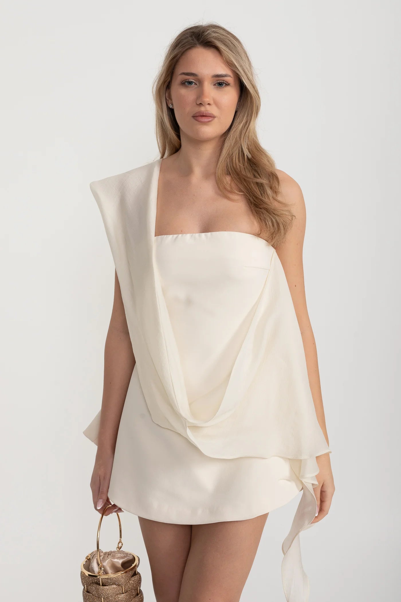 Asymmetric Draped Mini Dress with One-Shoulder Detail - Ivoire
