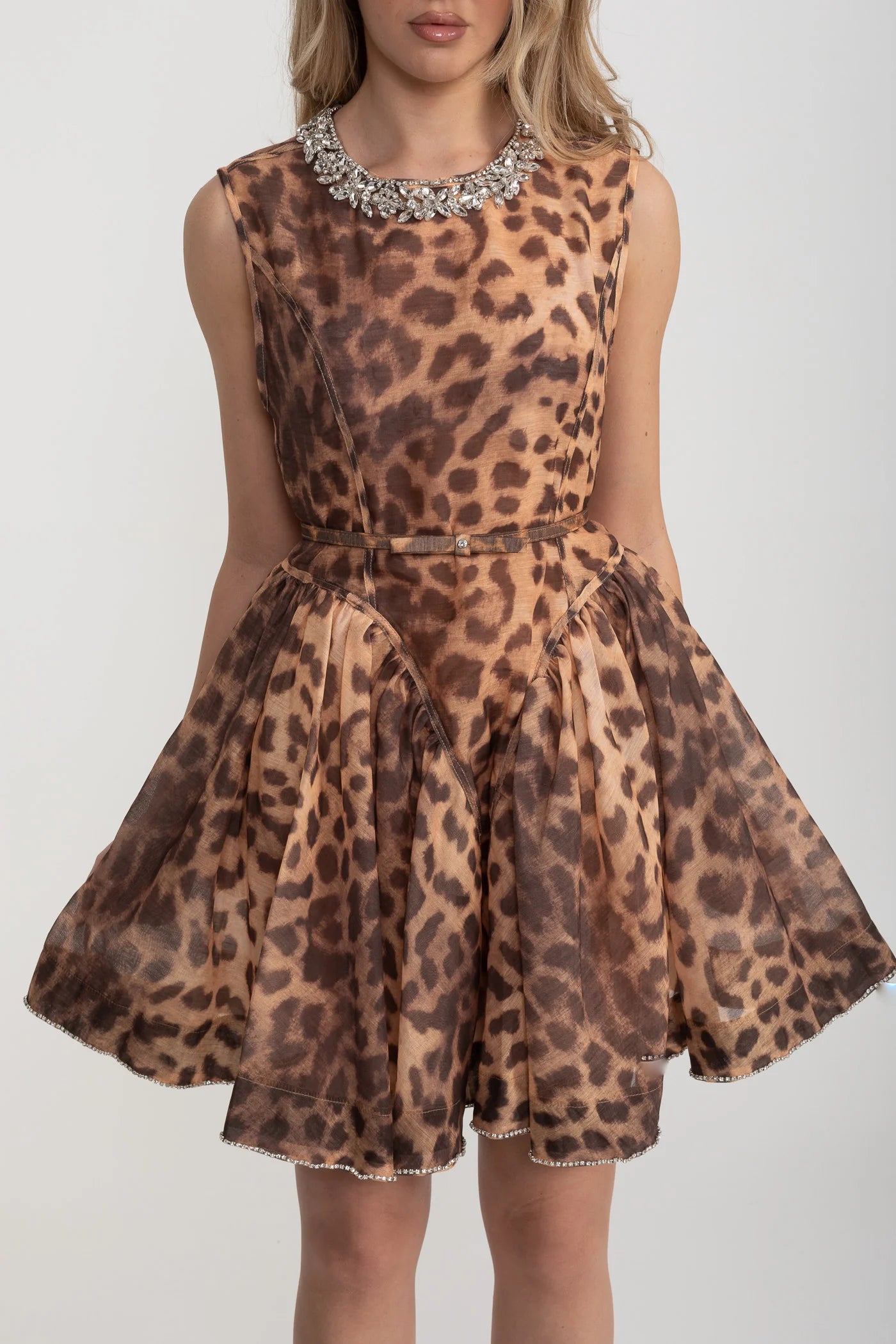 Sleeveless Mini Dress With Leopard Print And Rhinestone Details - Brown