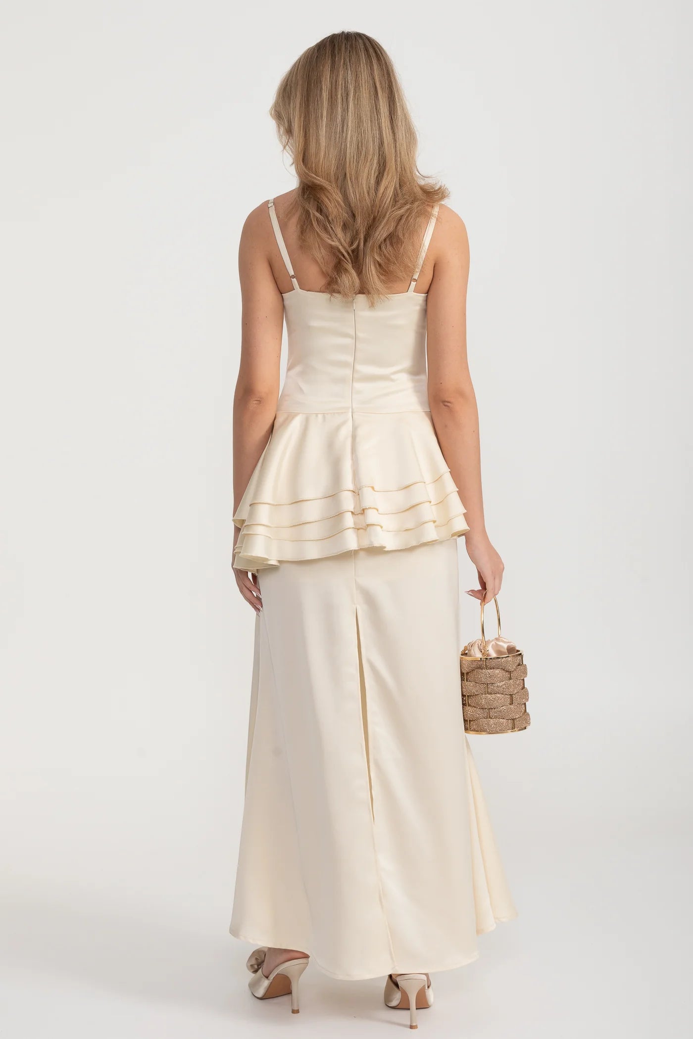 Spaghetti Strap Satin Maxi Dress with Asymmetric Ruffles - Ivoire
