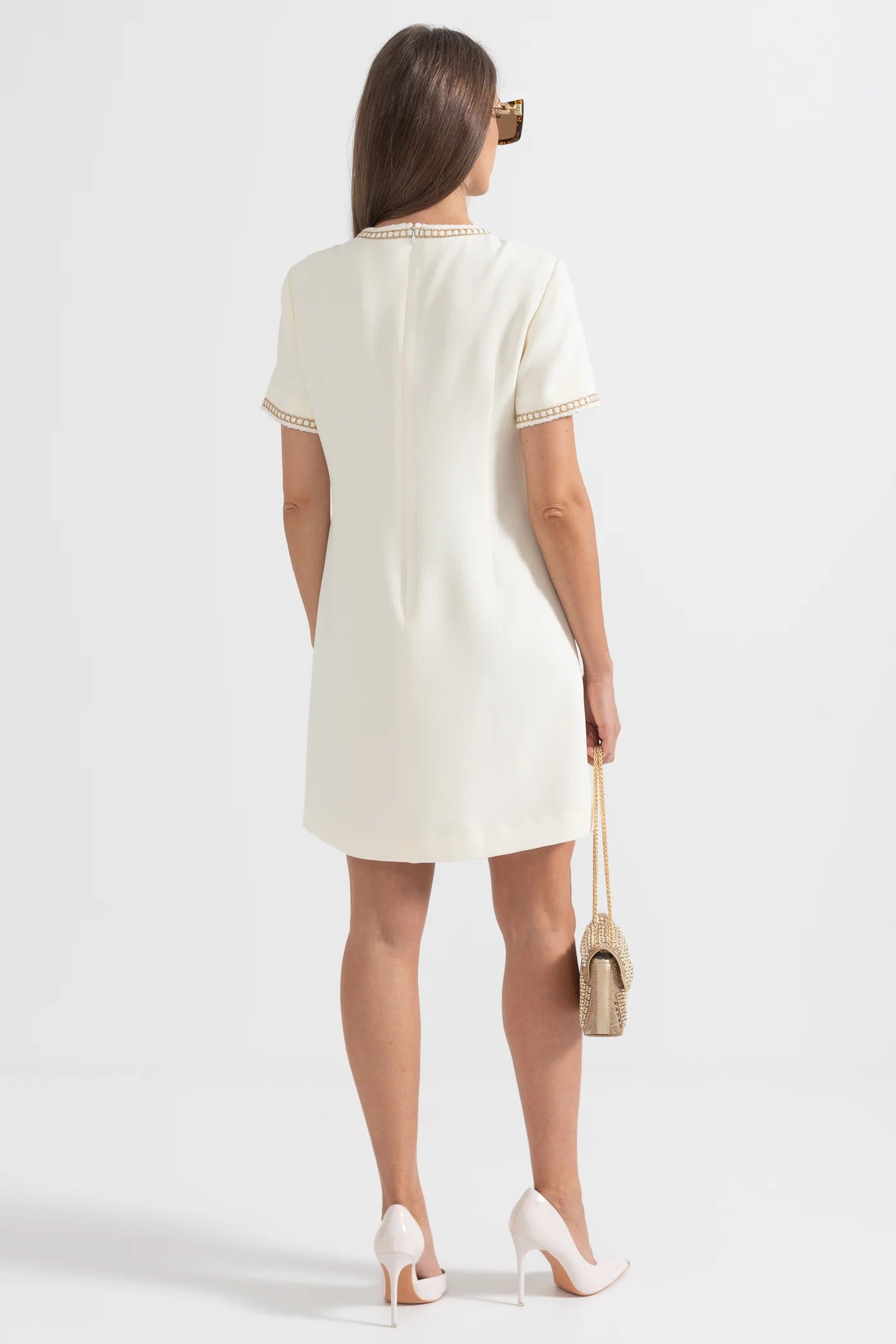 Short Sleeve Mini Dress With Golden Details - Ivoire