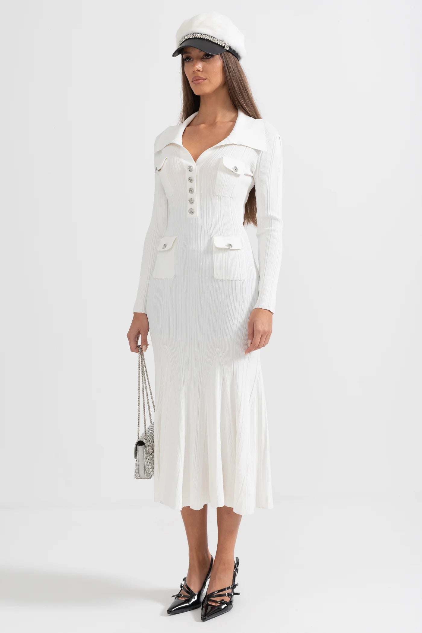 Sophisticated Long Sleeved Ribbed Dress - White