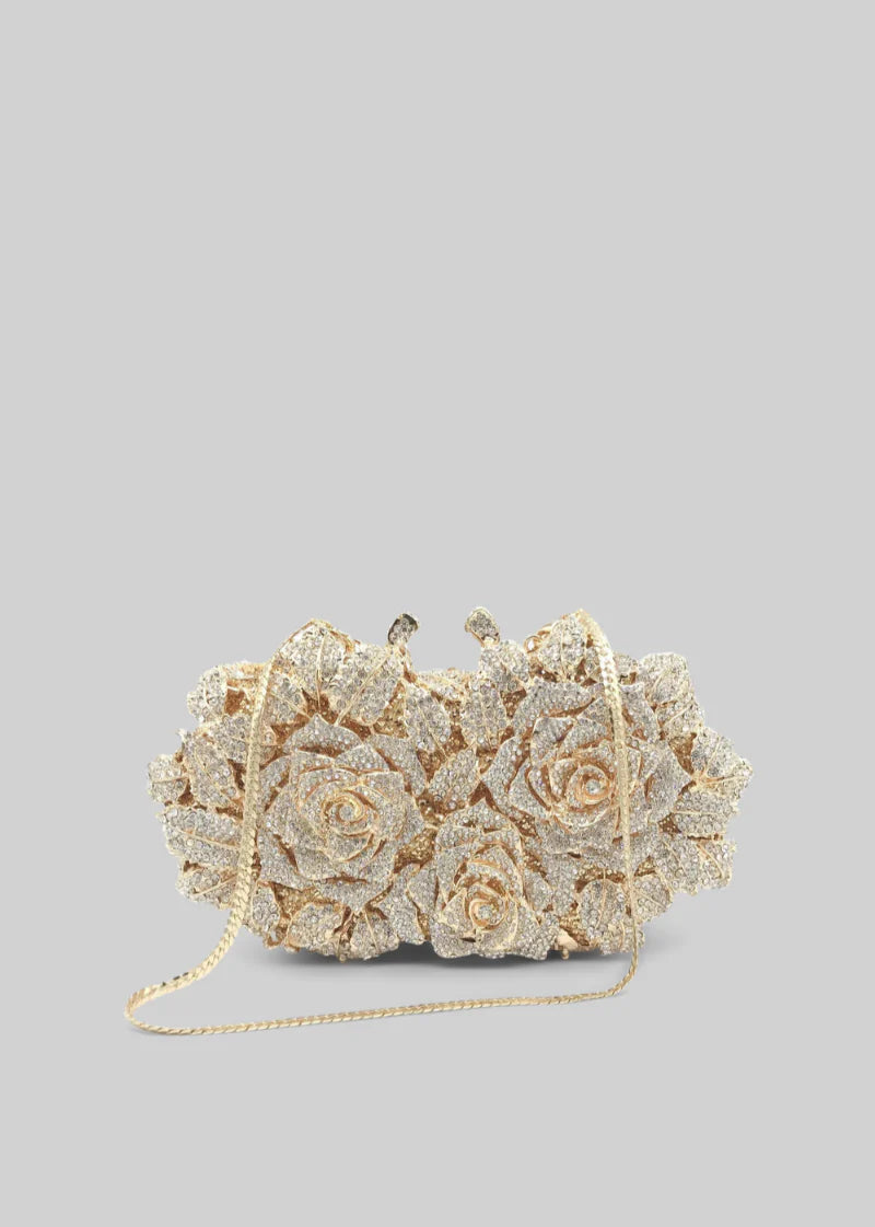 Crystal Adorned Clutch Bag With Floral Detailing - Gold