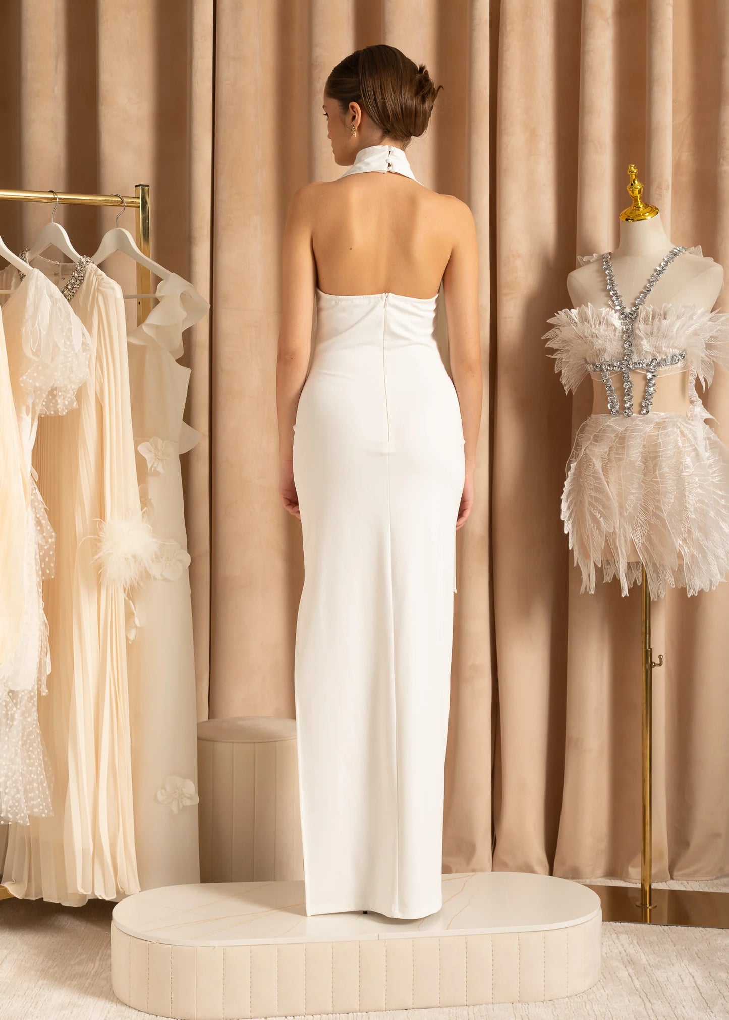 Sleeveless Fitted Maxi Dress With Flowing Scarf, 3D Roses And Side Slit - White