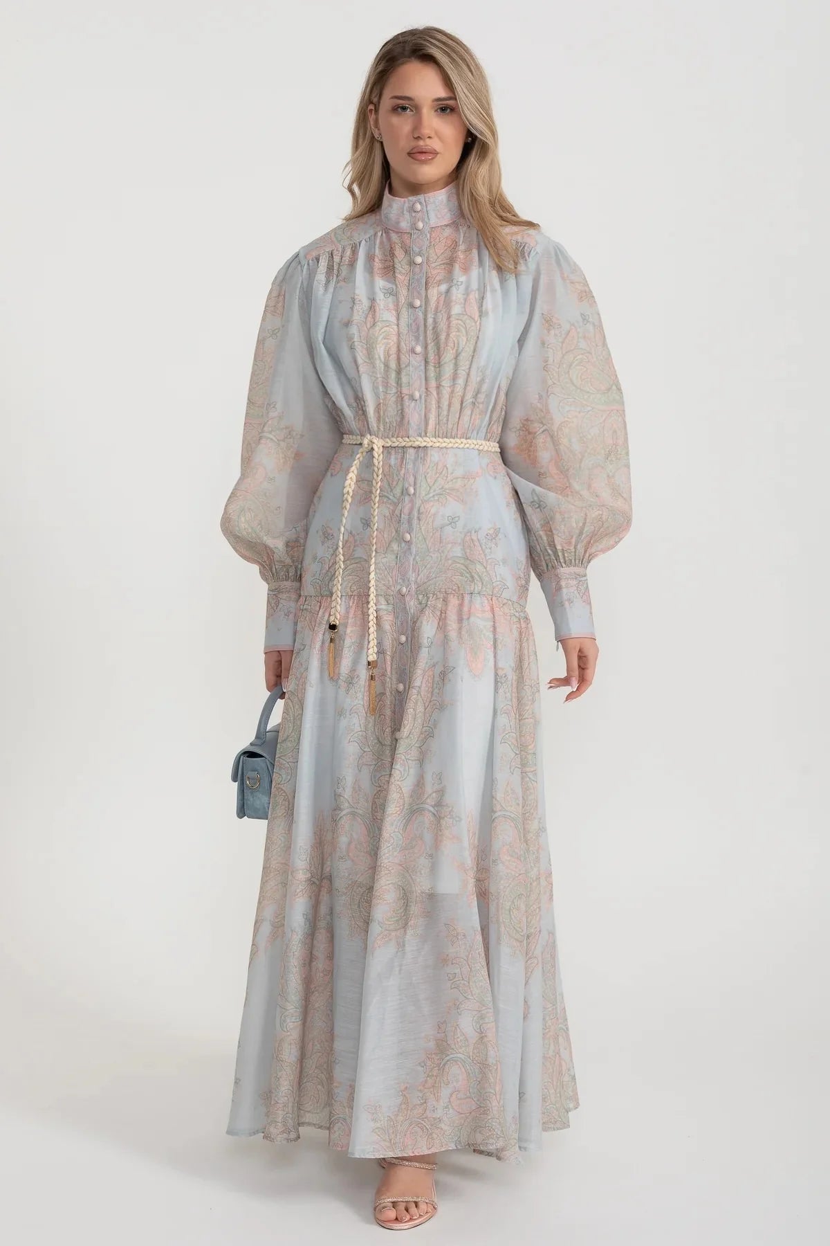 Paisley Print Button-Down Maxi Dress with Rope Belt – Soft Blue