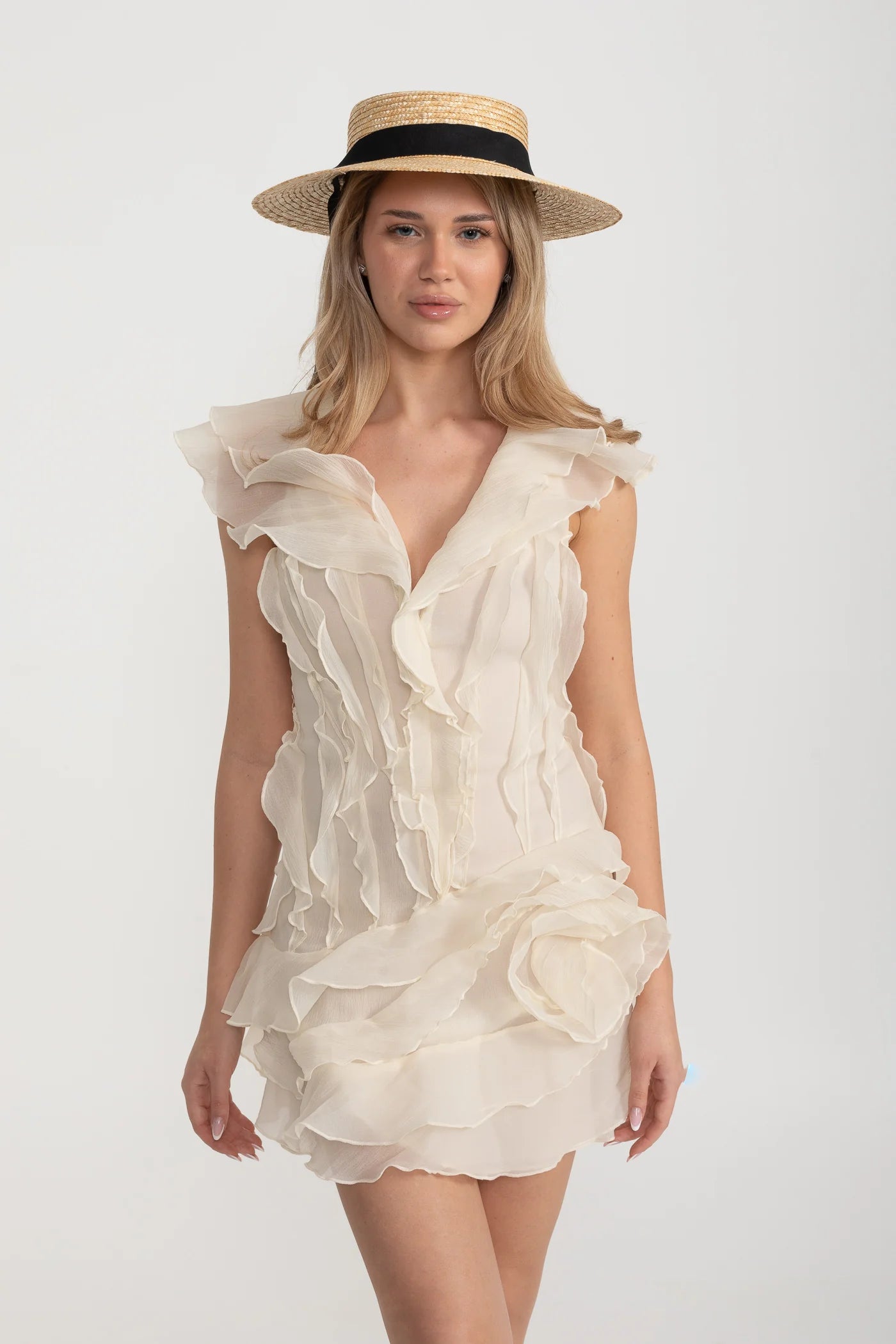 Mini Dress with Layered Ruffles and V-Neckline - White