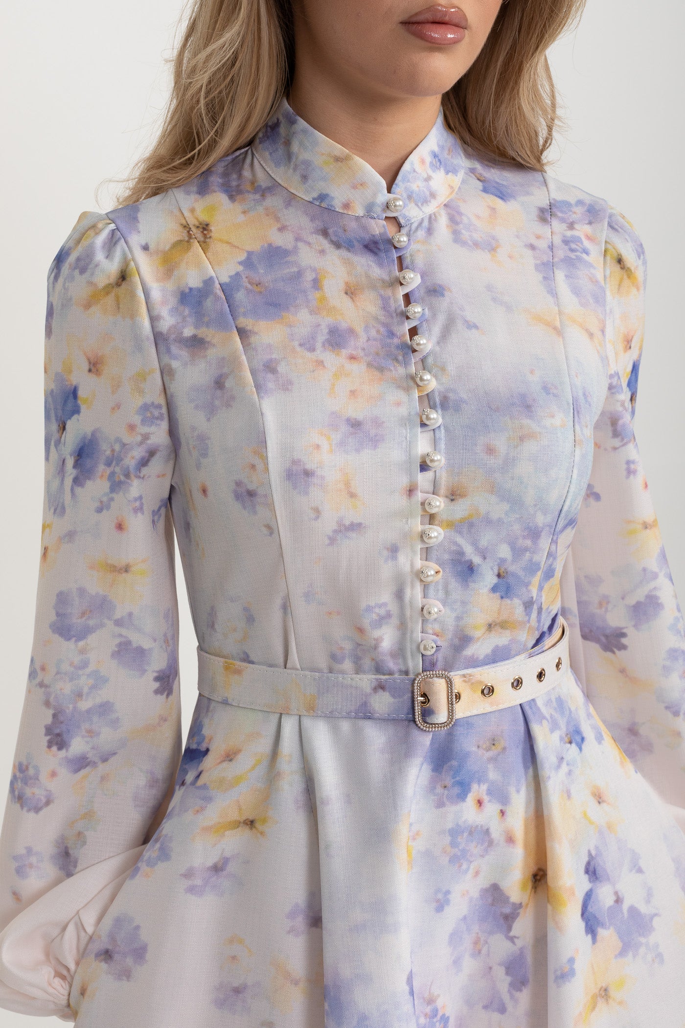 Watercolor Floral Belted Mini Dress with Mandarin Collar – Pastel Blue