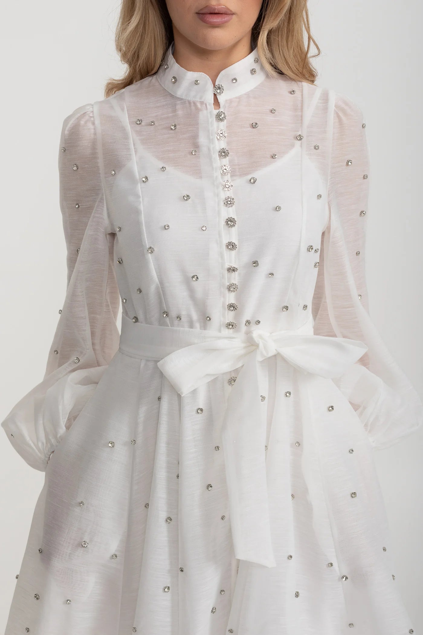 Long Sleeve Mini Dress with Crystal Embellishments - White