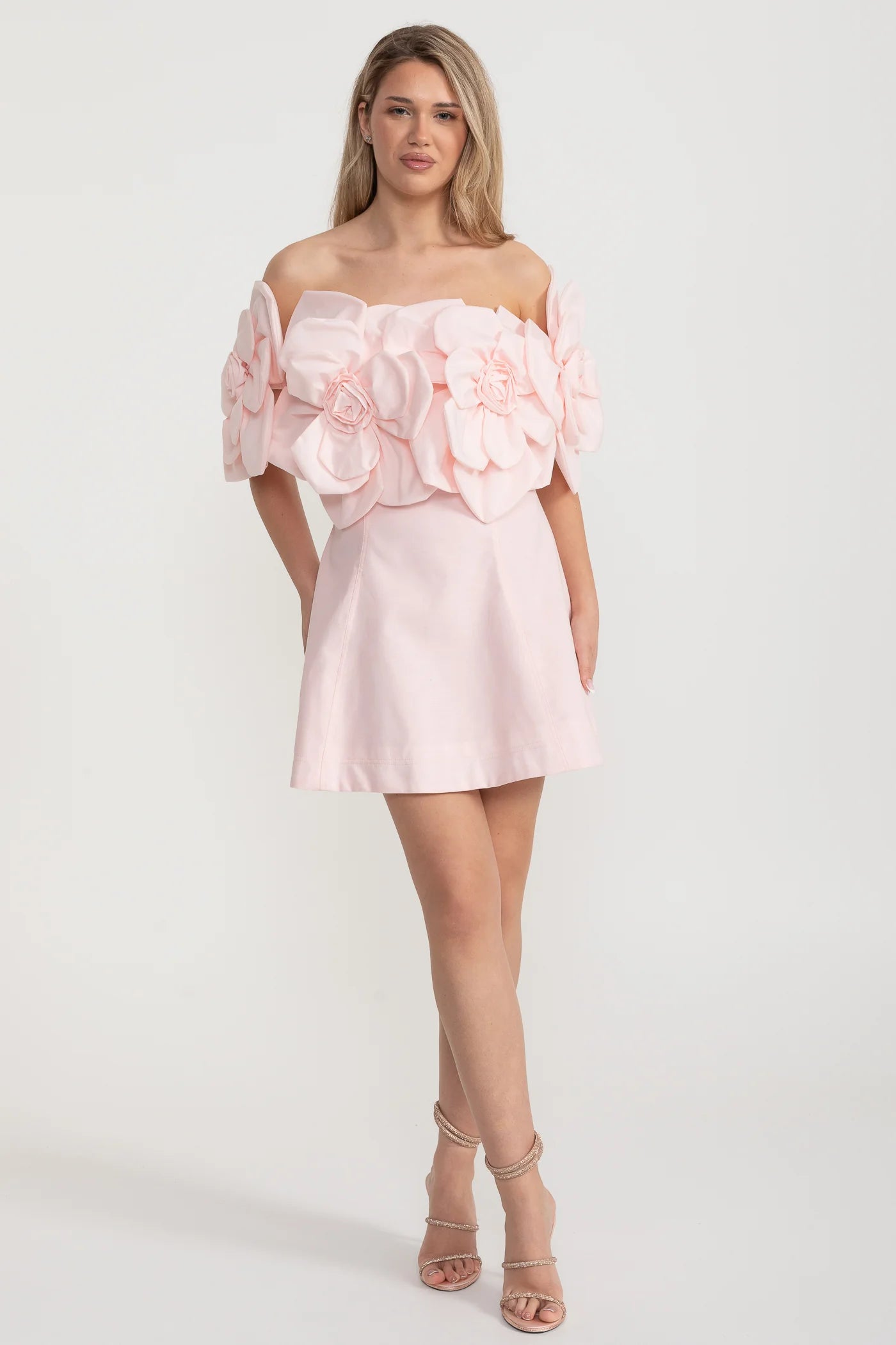 Off-Shoulder Mini Dress with Oversized Floral Appliqués - Pink