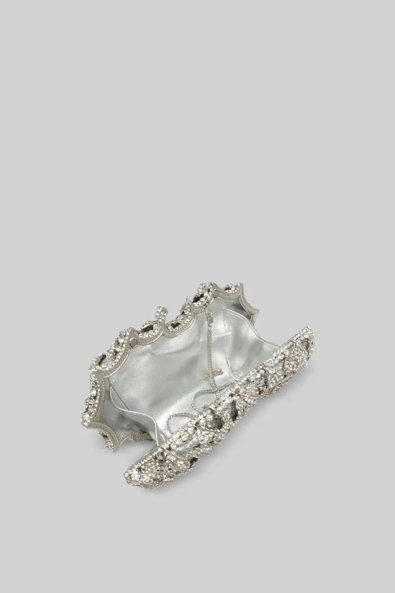 Crystal Adorned Clutch Bag With Floral Detailing - Silver