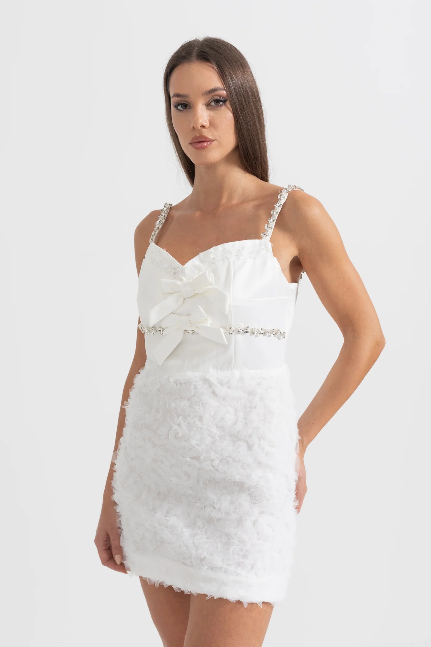 Elegant Silhouette Dress With Textured Fluffy Skirt - White