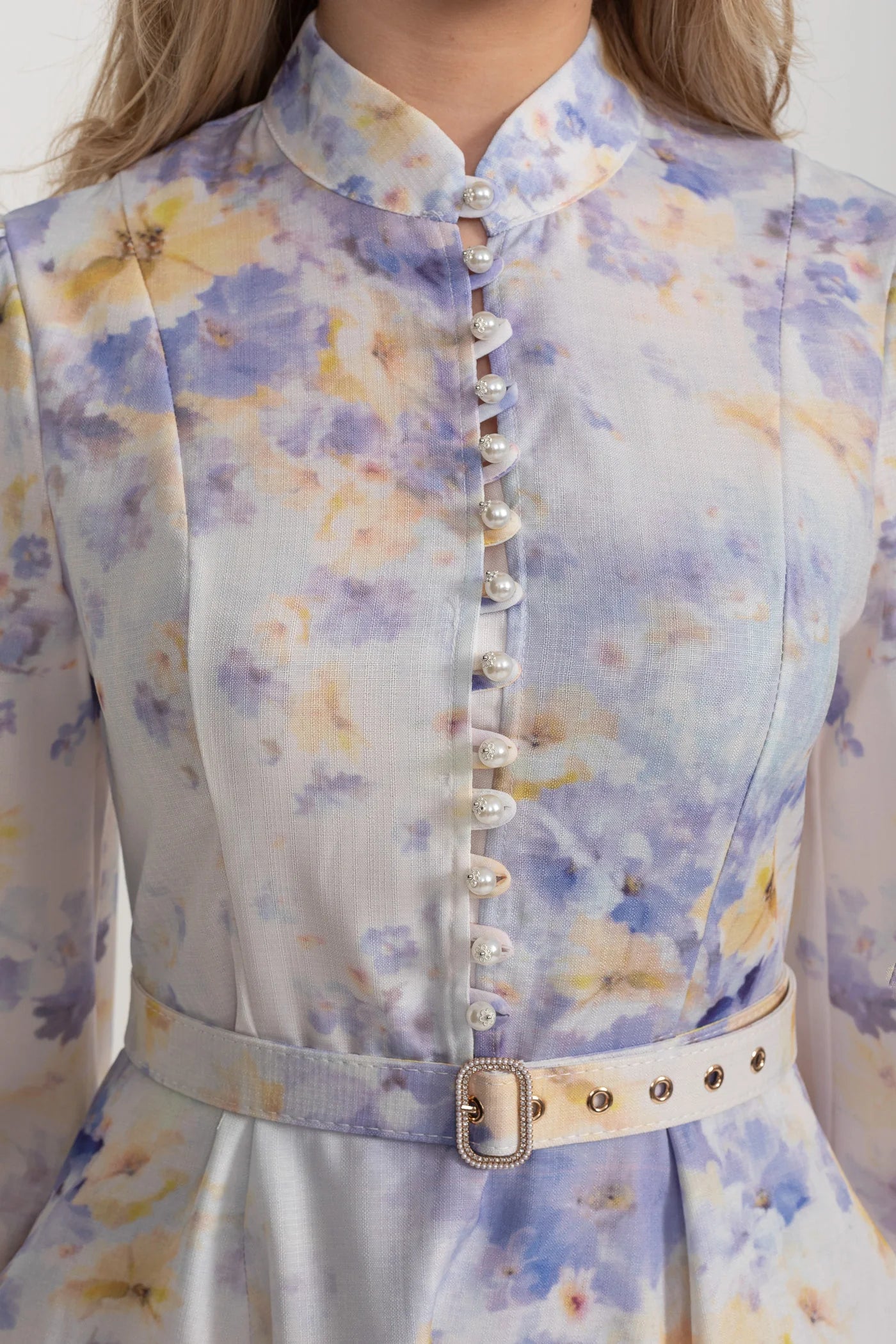 Watercolor Floral Belted Mini Dress with Mandarin Collar – Pastel Blue