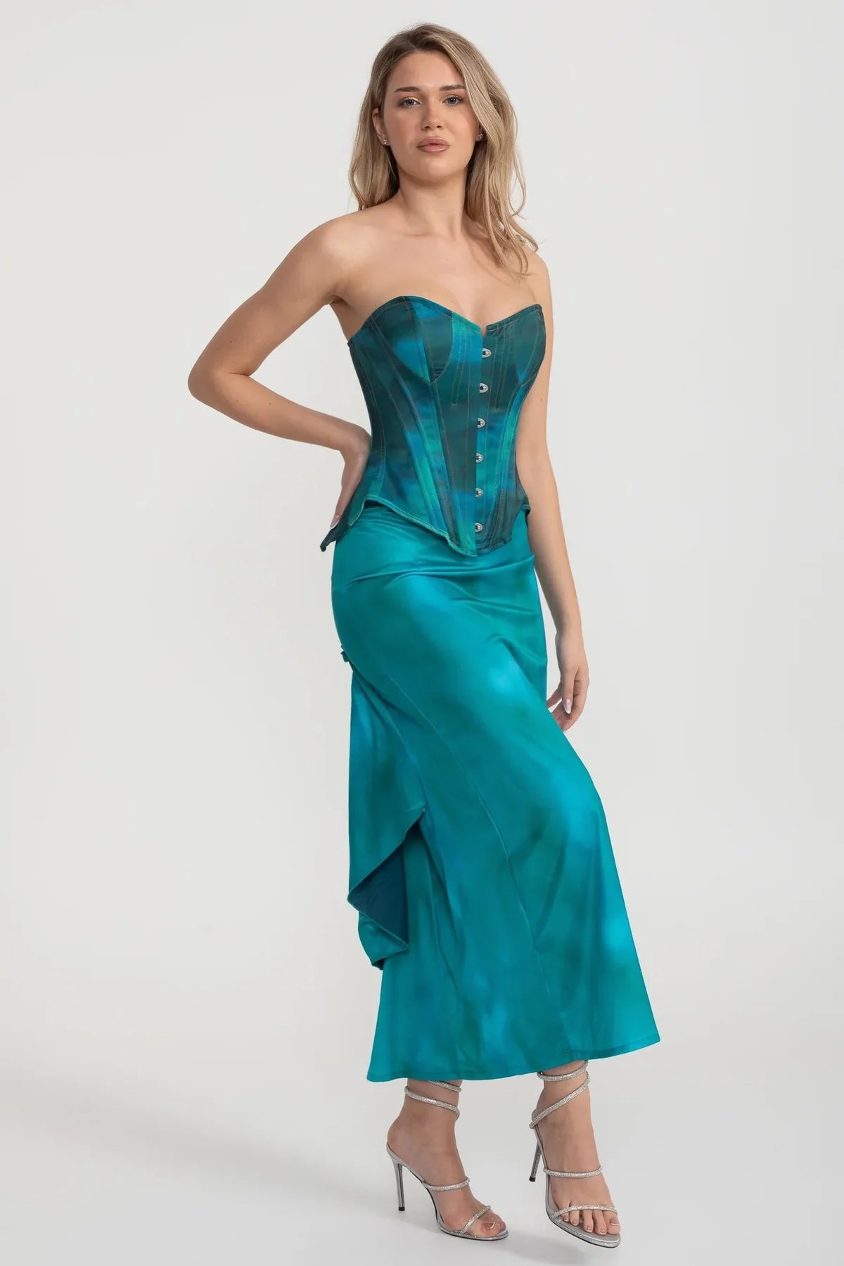 Strapless Corset Satin Set With Front Button Detail And Matching Skirt - Turquoise