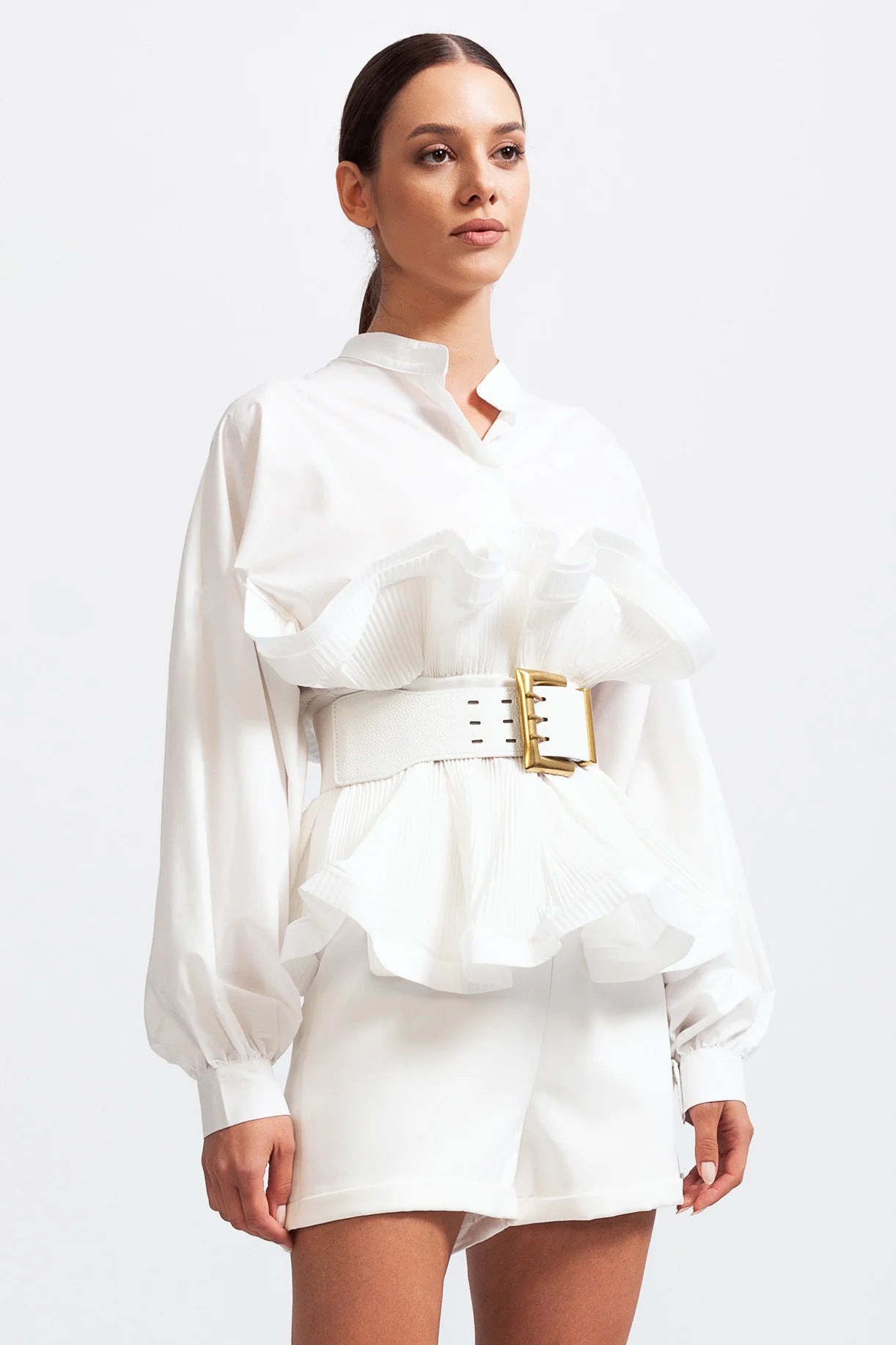 Ruffle Shirt with Oversized Belt And Flowing Sleeves - White