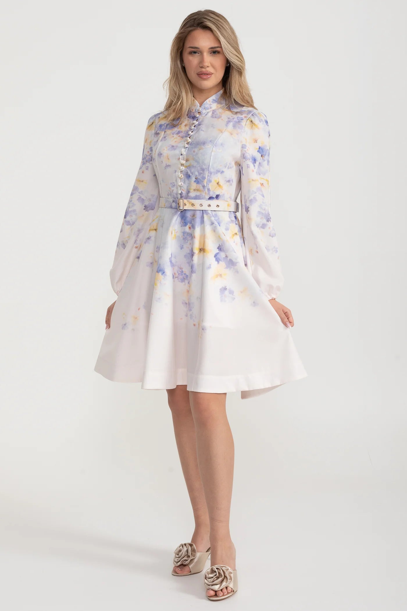 Watercolor Floral Belted Mini Dress with Mandarin Collar – Pastel Blue