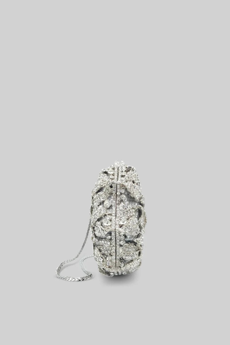 Crystal Adorned Clutch Bag With Floral Detailing - Silver
