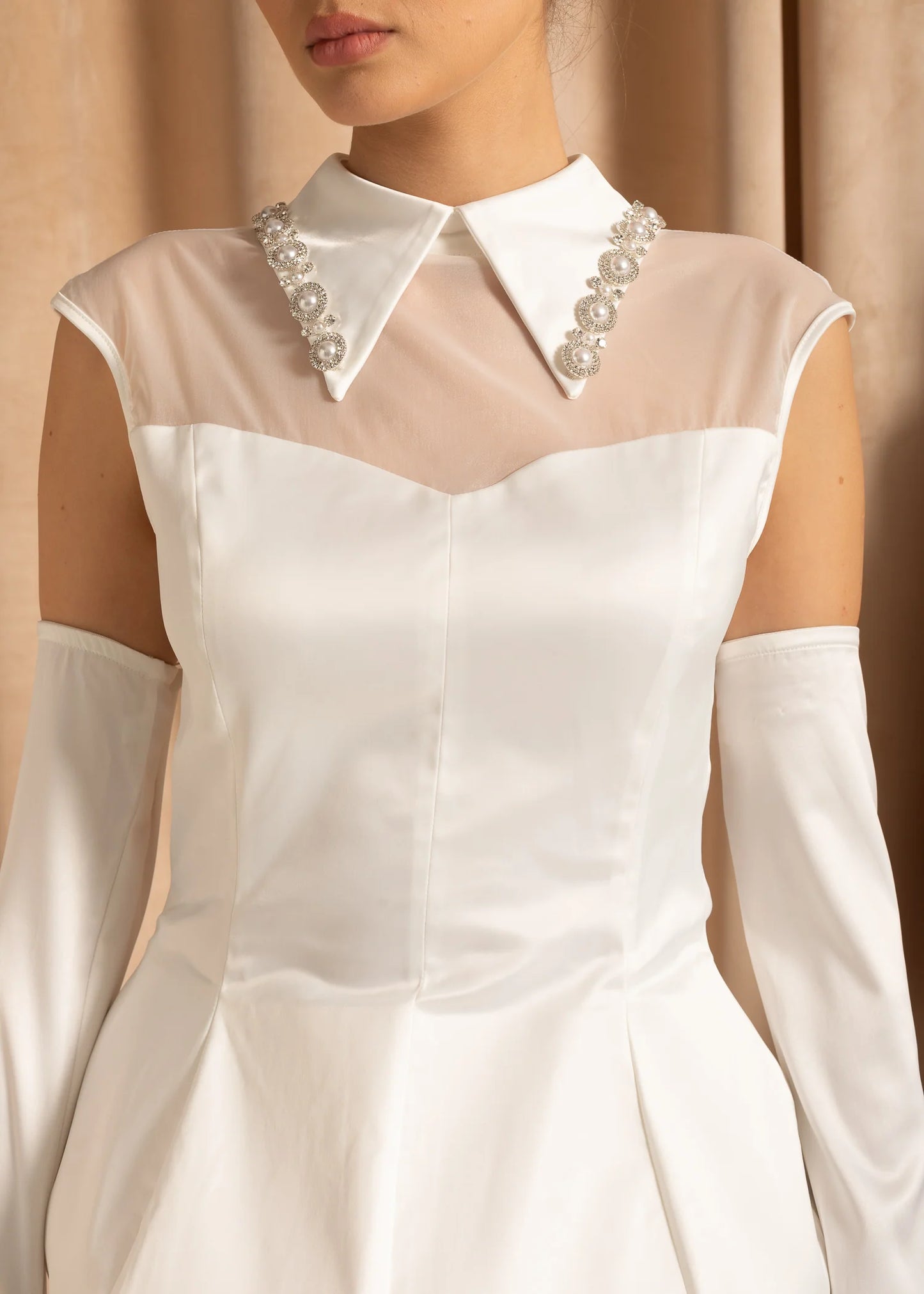 Sleeveless Fitted Mini Dress with Coordinating Long Gloves - White