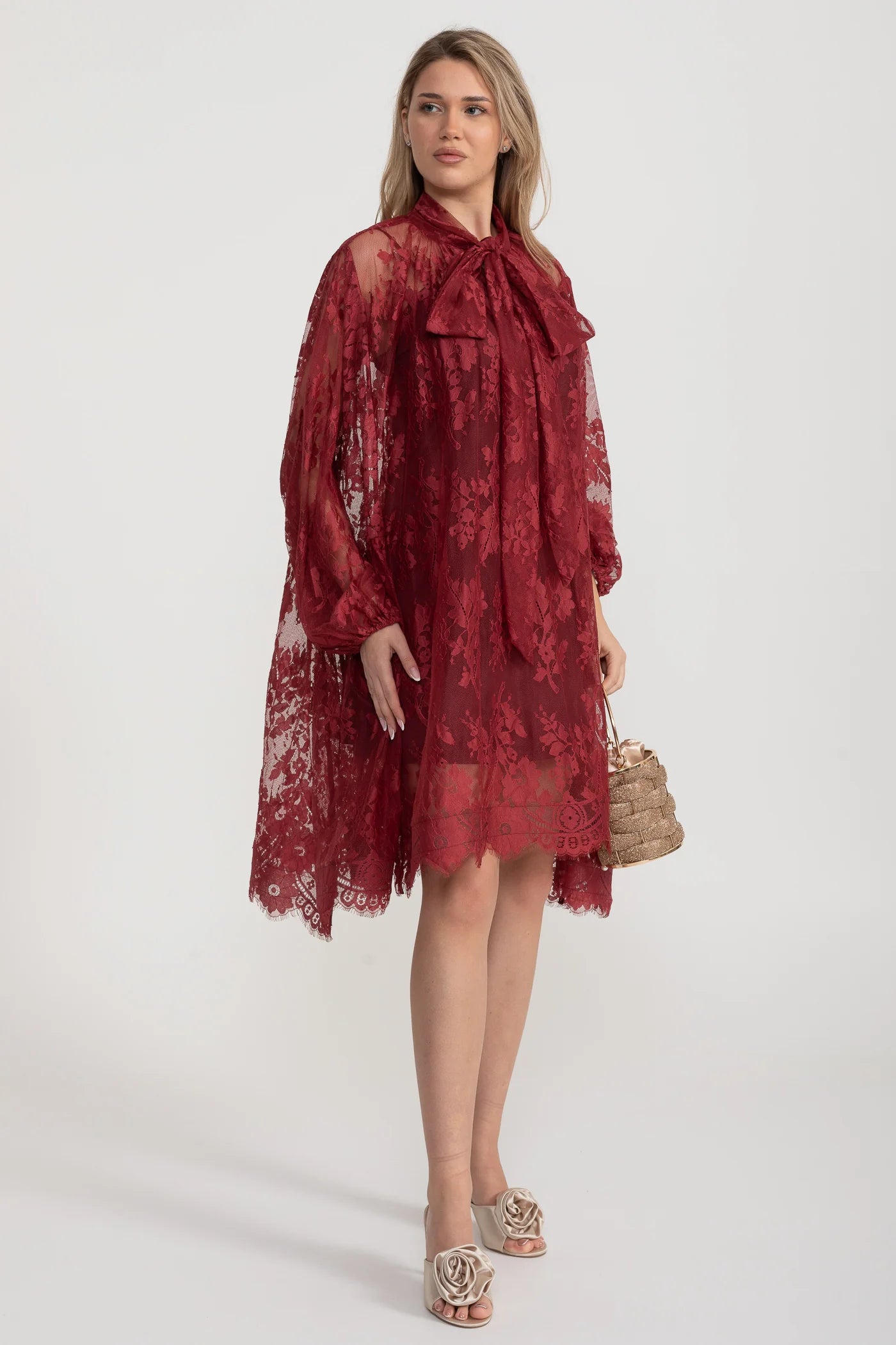 A-Line Lace Dress with Bow Tie Neck – Burgundy