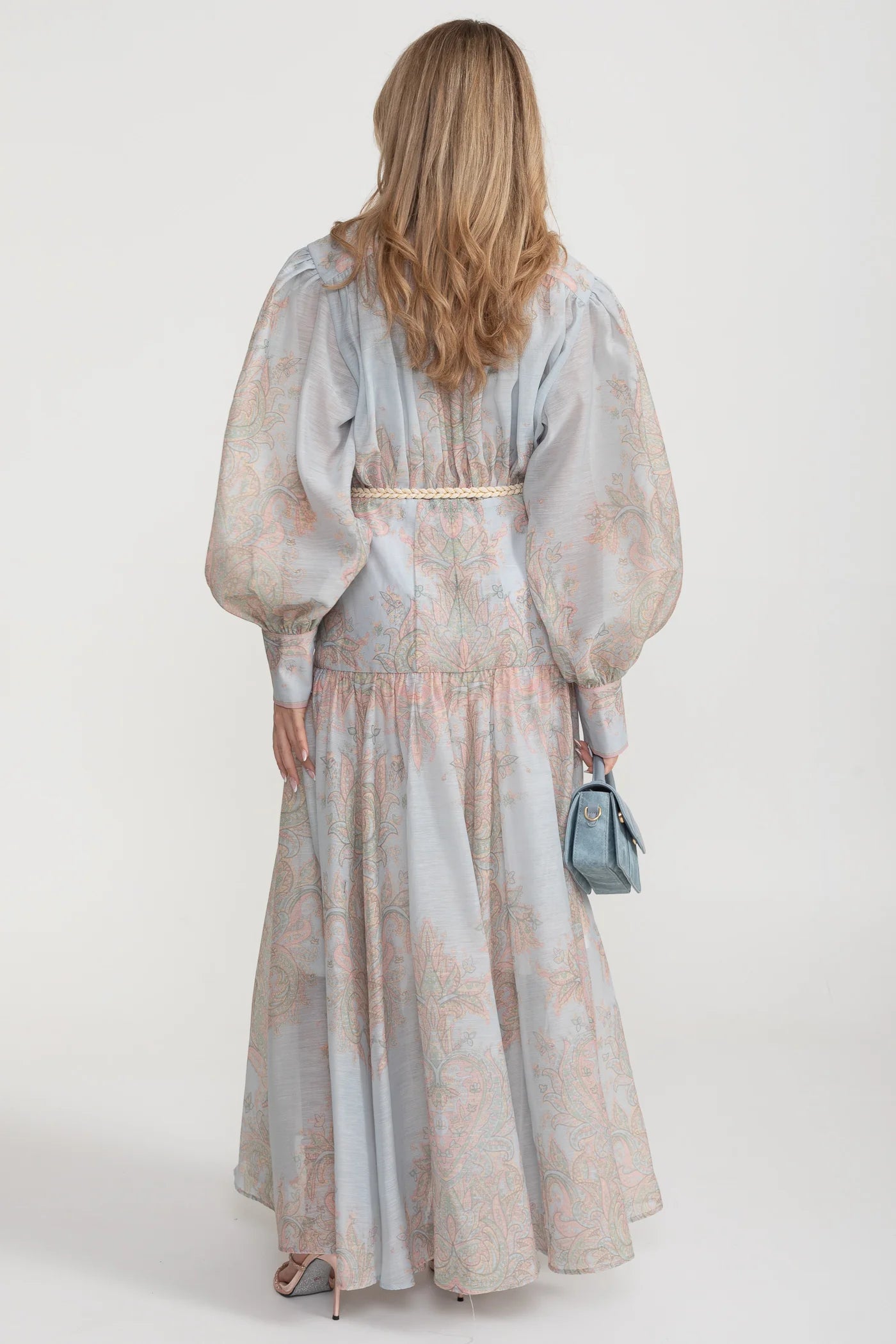 Paisley Print Button-Down Maxi Dress with Rope Belt – Soft Blue