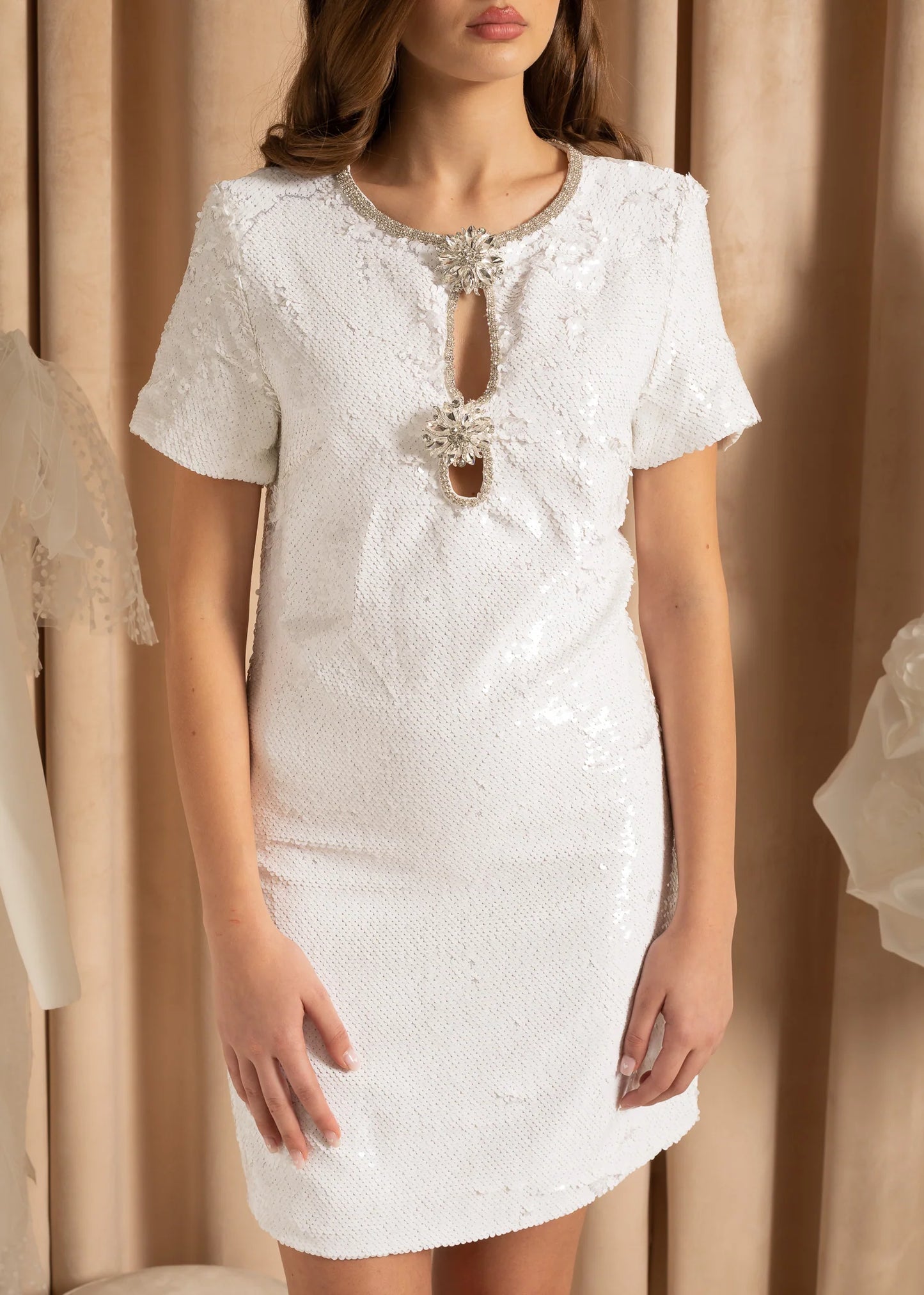 Short Sleeves Sequin Textured Mini Dress With Sparkling Neckline - White