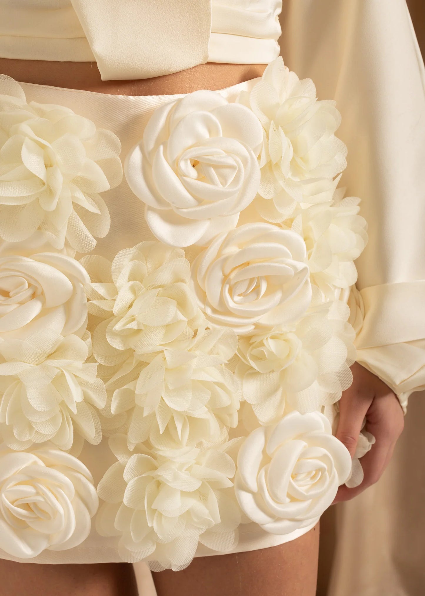 Coordinated Two Piece Satin Ensemble With Floral Skirt - Ivoire