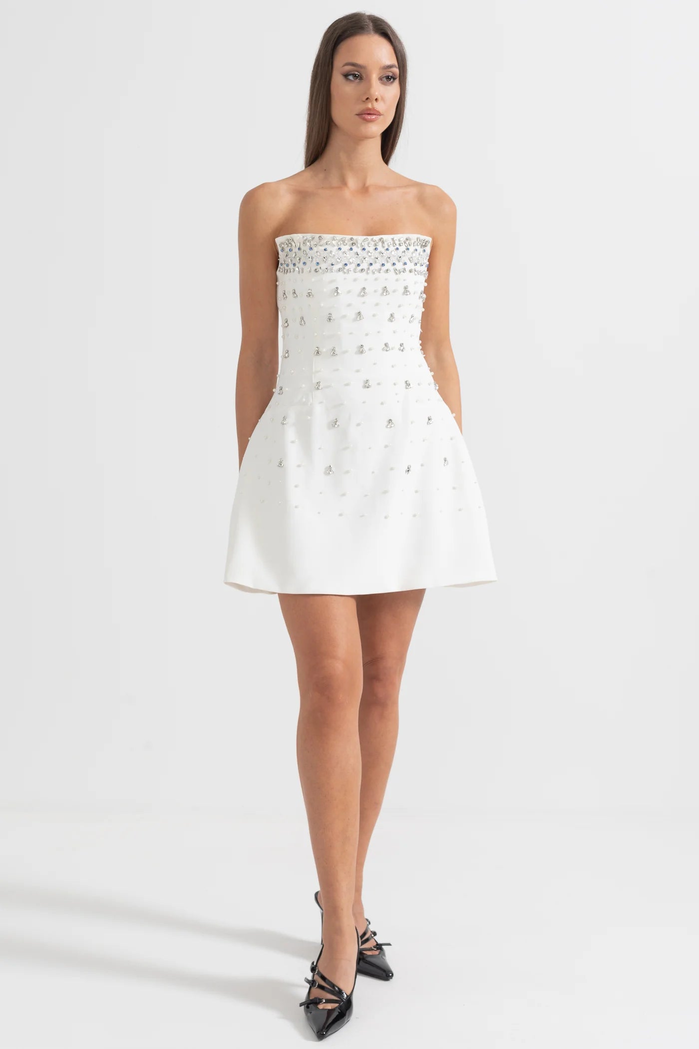 Mini Sleeveless Dress with Shimmering Crystal Details - White